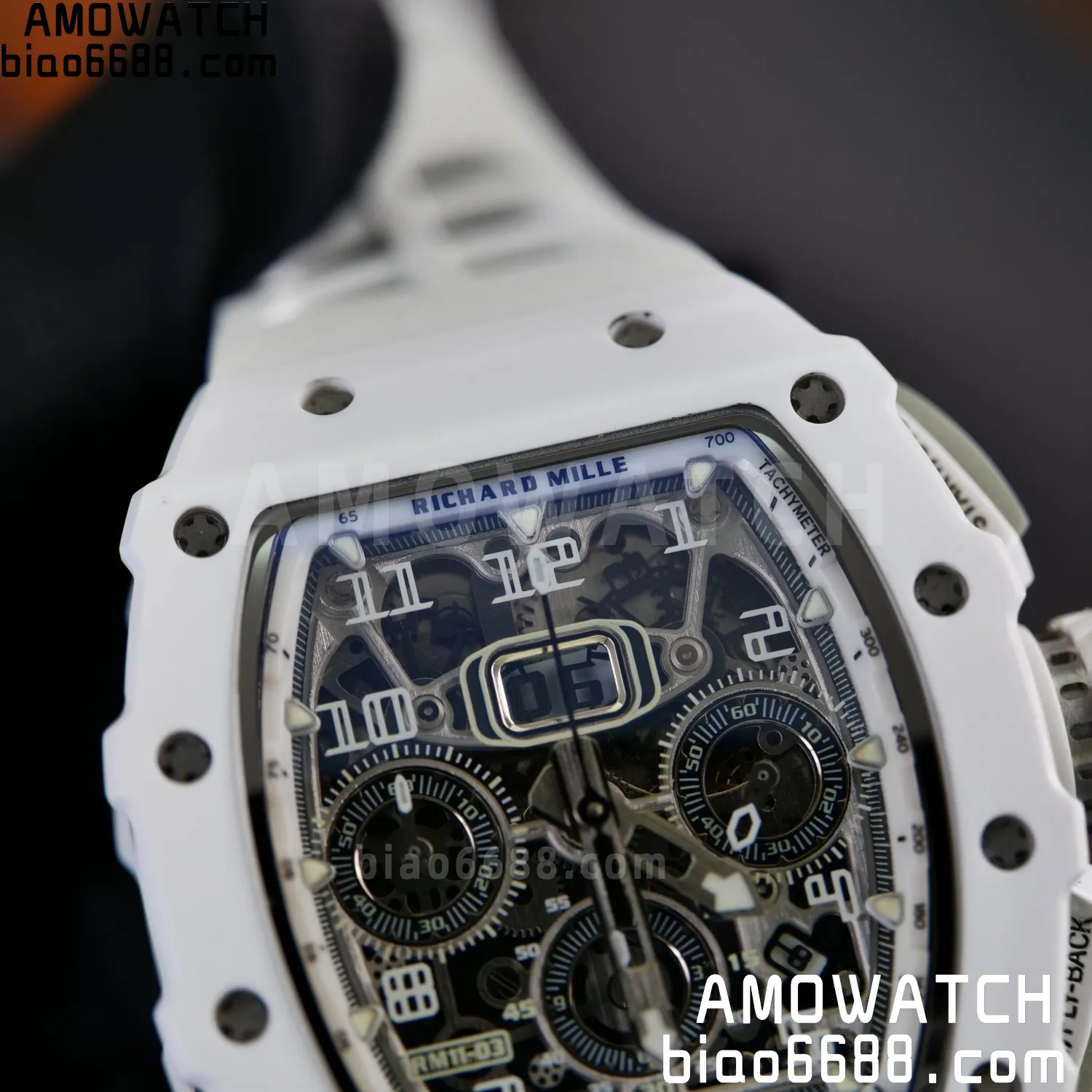 Richard Mille RM11-03 RM1103 Black Carbon KV Factory Best Edition Skeleton Dial on White Rubber Strap v5 88 207a956a0656a25 AMO Watch