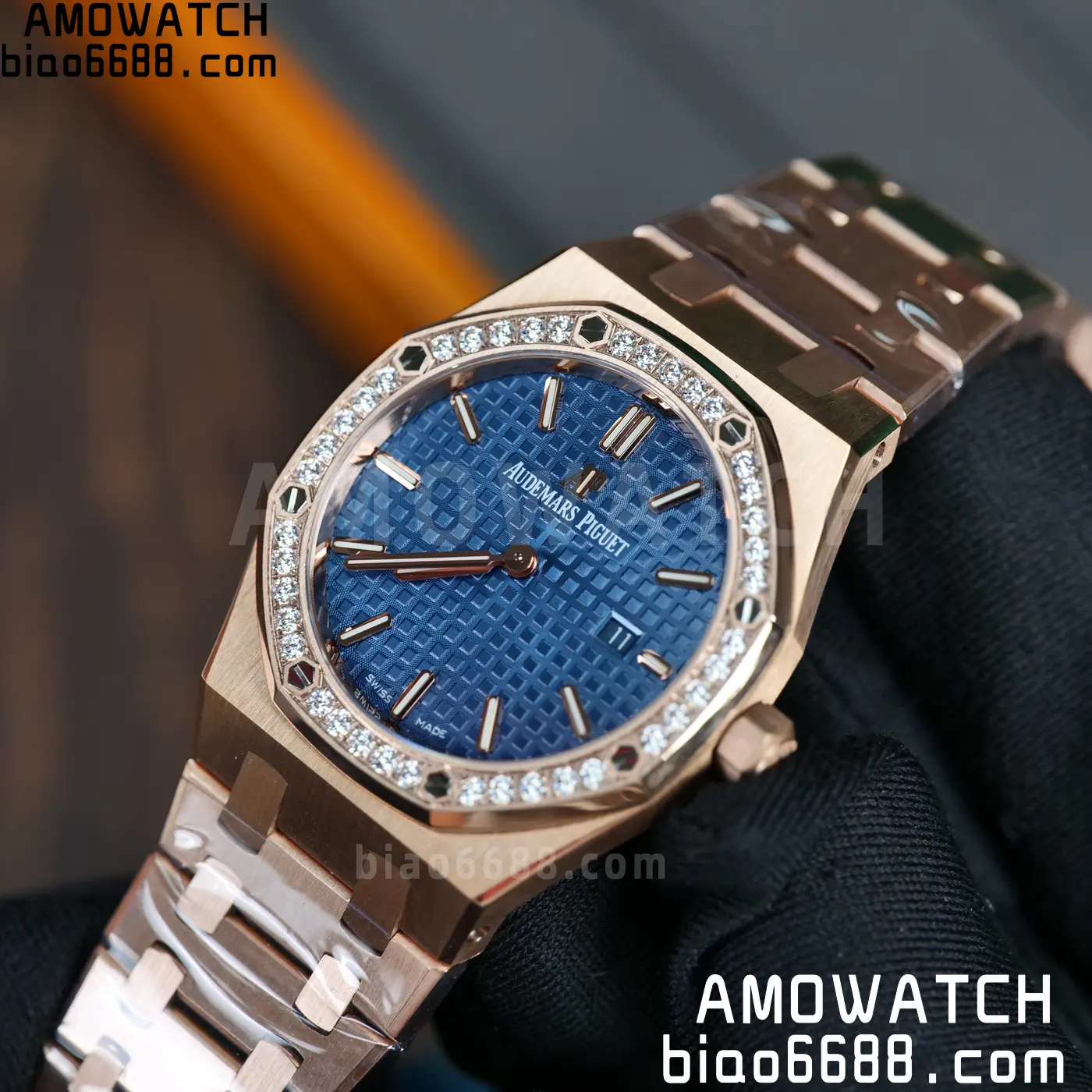AUDEMARS PIGUET Lady Royal Oak 67651 33mm RG ZF 1:1 Best Edition Blue Dial Diamonds Bezel on RG Bracelet Swiss Quartz 62 ac6b91f1c7c7b8b AMO Watch