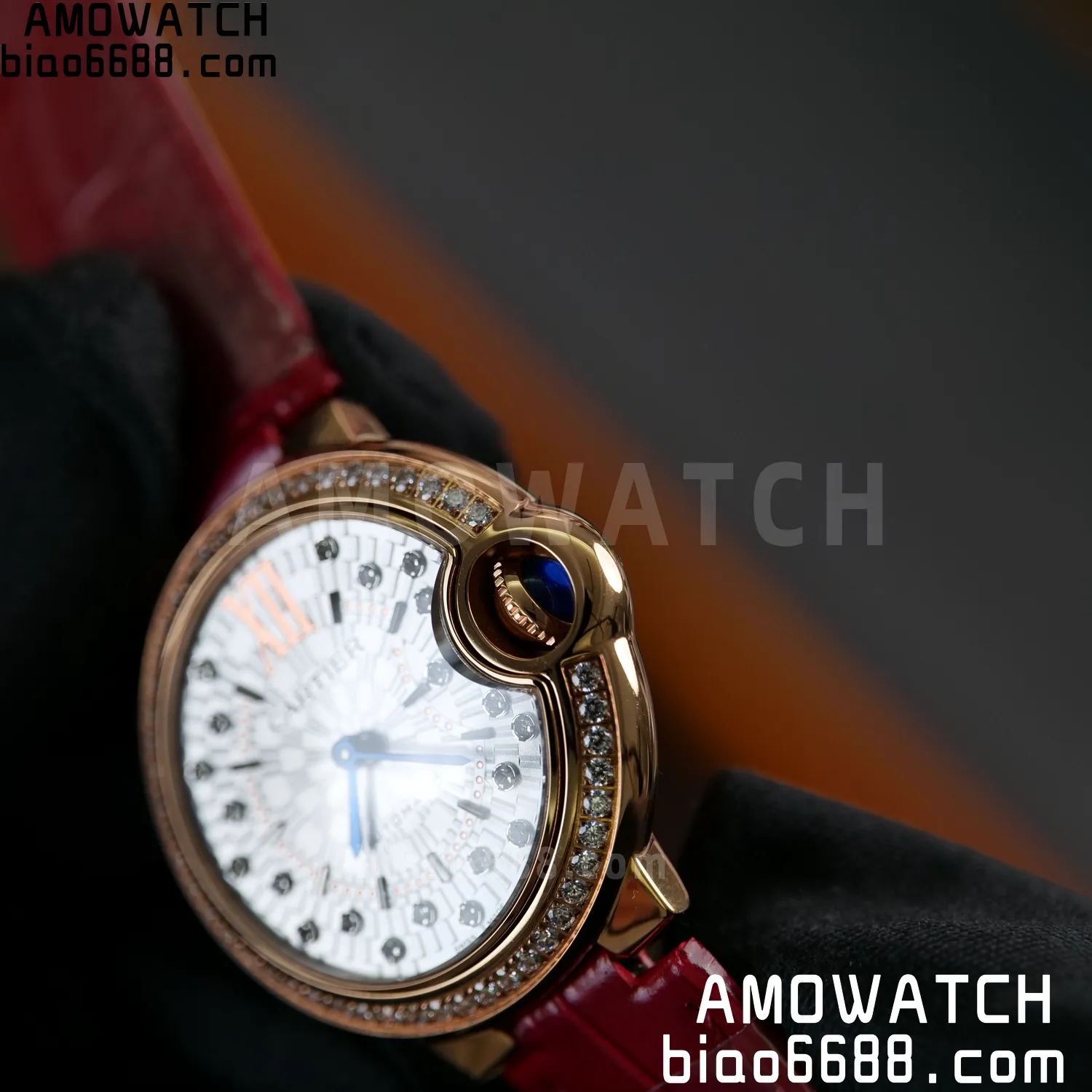 CARTIER Ballon Bleu 33mm RG AF 1:1 Best Edition Silver Textured Diamonds Dial on Red Leather Strap SEIKO NH05A 71 18e508dea87b19a AMO Watch