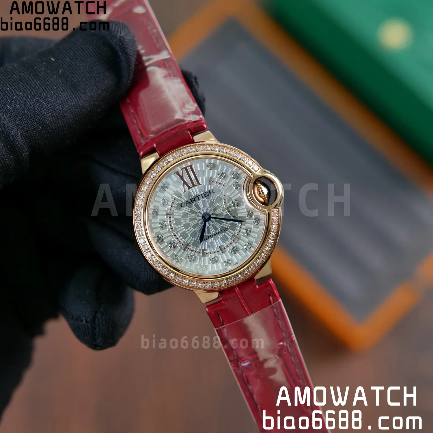 CARTIER Ballon Bleu 33mm RG AF 1:1 Best Edition Silver Textured Diamonds Dial on Red Leather Strap SEIKO NH05A 59 25f510d79c9cd8f AMO Watch