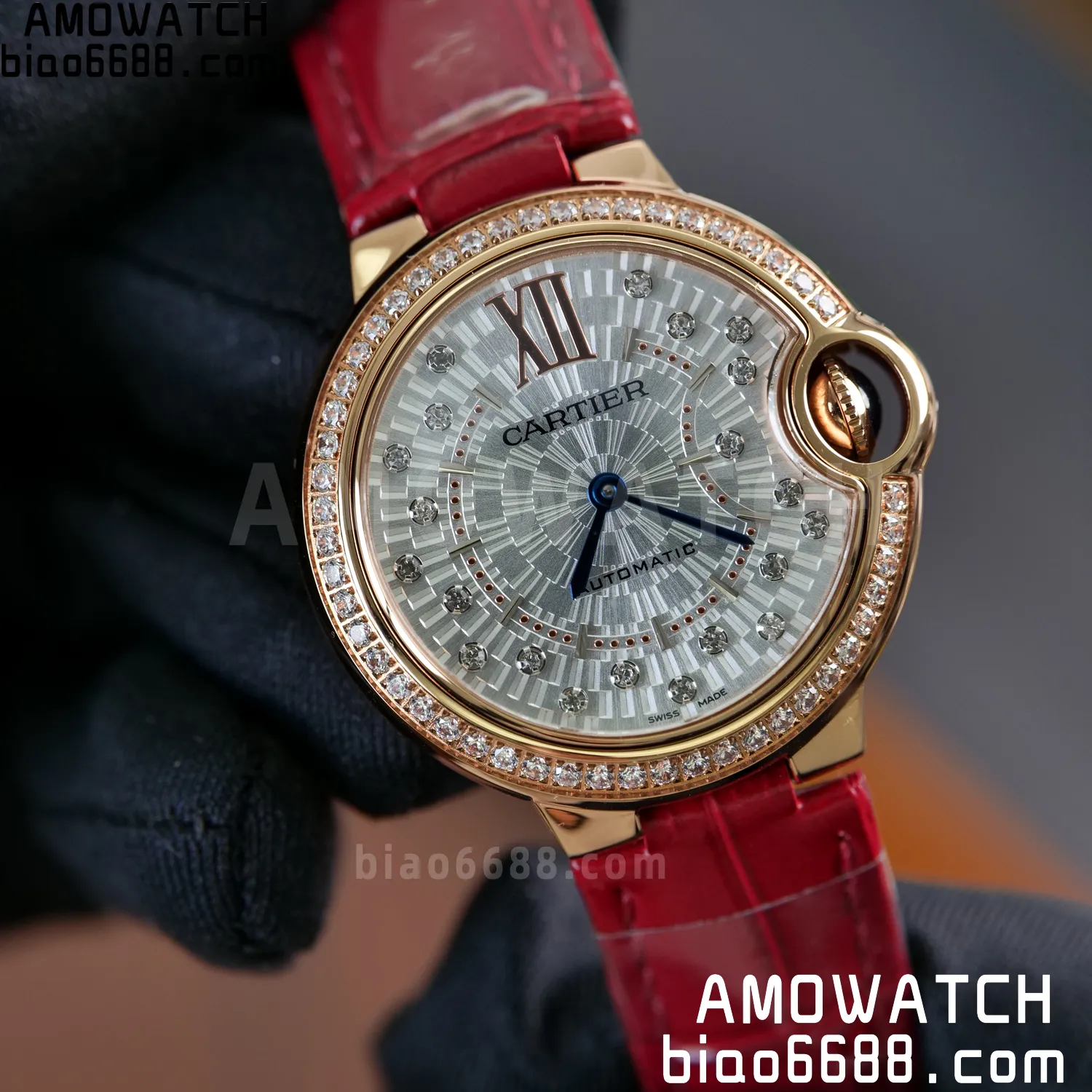 CARTIER Ballon Bleu 33mm RG AF 1:1 Best Edition Silver Textured Diamonds Dial on Red Leather Strap SEIKO NH05A 73 2a20f77adebfa8c AMO Watch