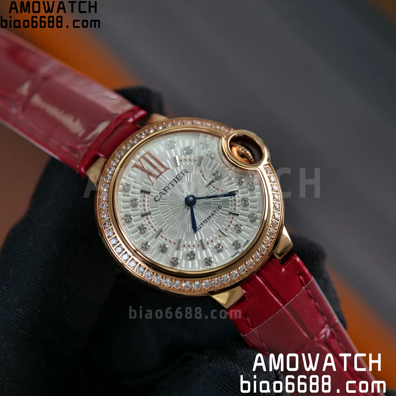CARTIER Ballon Bleu 33mm RG AF 1:1 Best Edition Silver Textured Diamonds Dial on Red Leather Strap SEIKO NH05A 69 2dac08e1a6aedcc AMO Watch