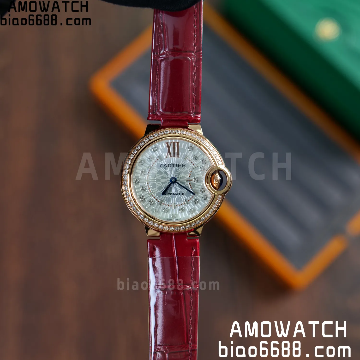 CARTIER Ballon Bleu 33mm RG AF 1:1 Best Edition Silver Textured Diamonds Dial on Red Leather Strap SEIKO NH05A 63 33848d1424a3148 AMO Watch