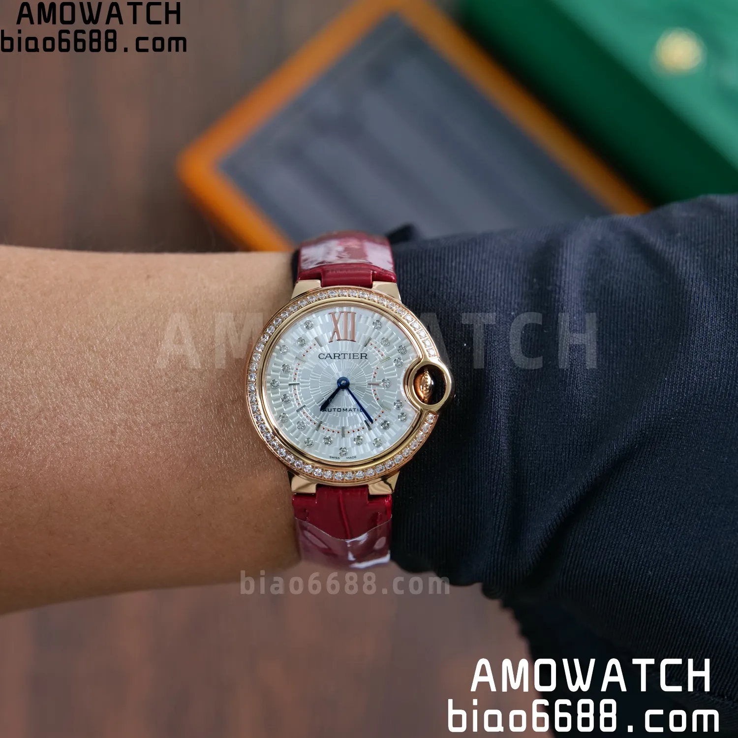 CARTIER Ballon Bleu 33mm RG AF 1:1 Best Edition Silver Textured Diamonds Dial on Red Leather Strap SEIKO NH05A 83 4e309070dad9b45 AMO Watch