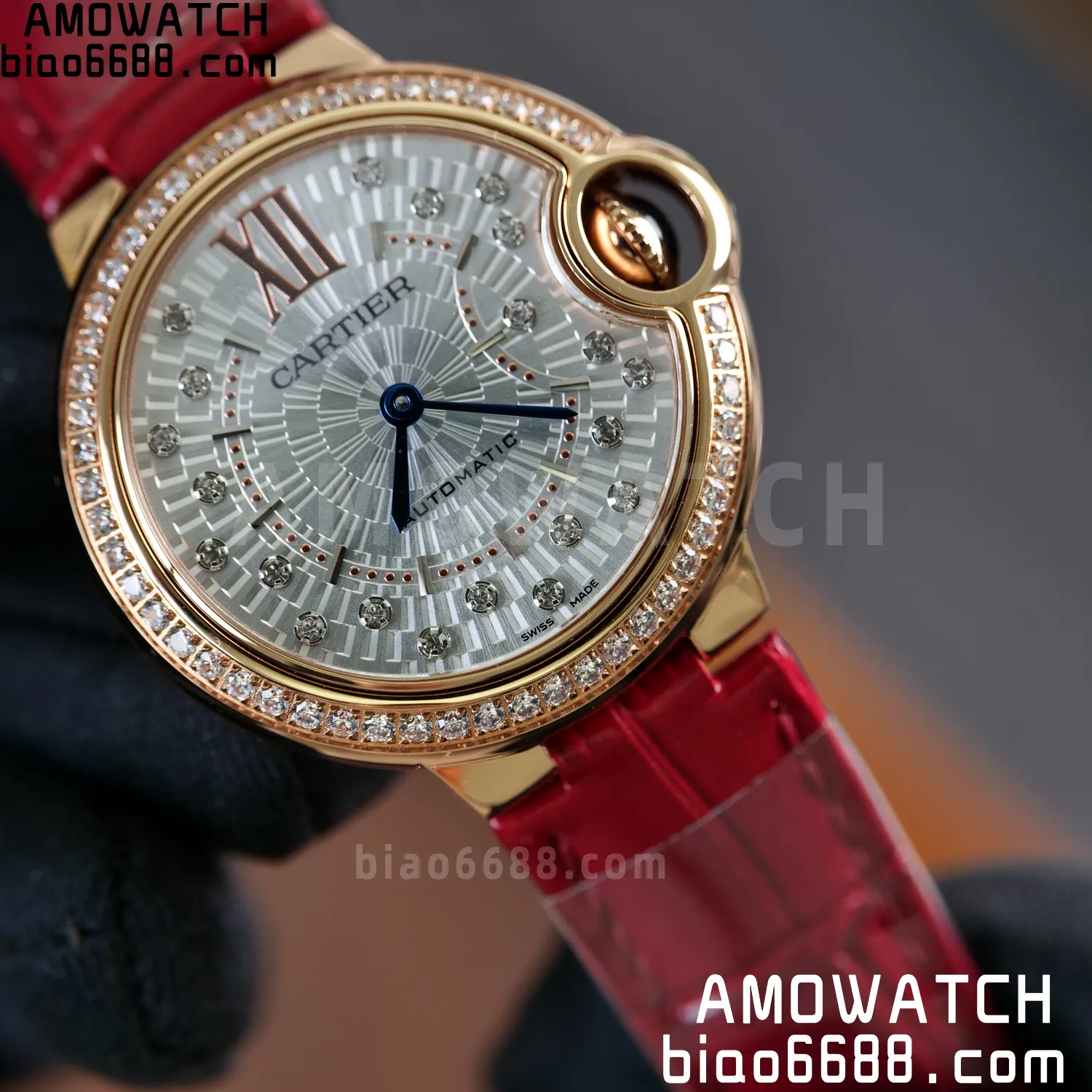 CARTIER Ballon Bleu 33mm RG AF 1:1 Best Edition Silver Textured Diamonds Dial on Red Leather Strap SEIKO NH05A 75 5fc6443534298e2 AMO Watch