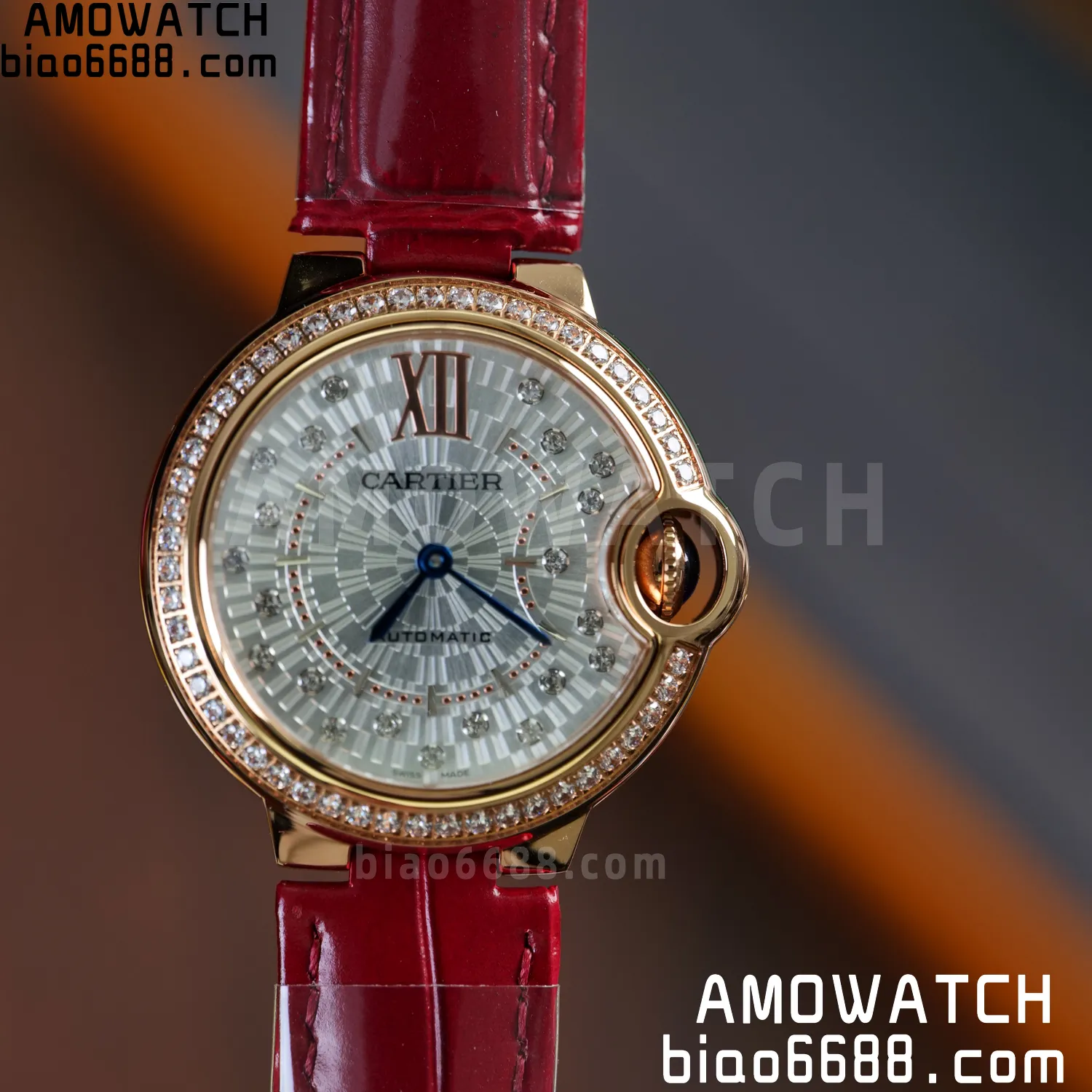CARTIER Ballon Bleu 33mm RG AF 1:1 Best Edition Silver Textured Diamonds Dial on Red Leather Strap SEIKO NH05A 64 625e3394638f8da AMO Watch