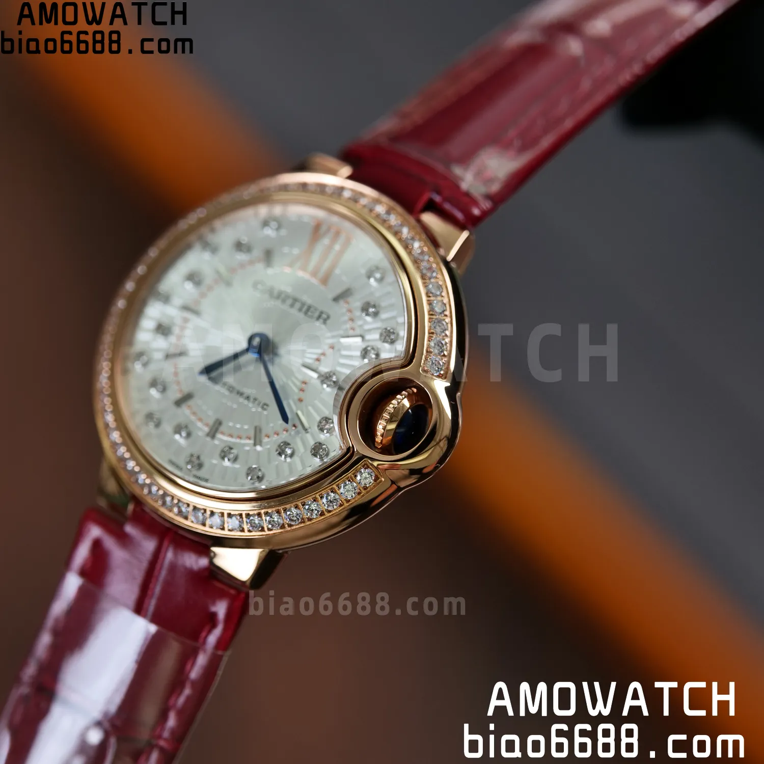 CARTIER Ballon Bleu 33mm RG AF 1:1 Best Edition Silver Textured Diamonds Dial on Red Leather Strap SEIKO NH05A 68 6fc6ae3b3629188 AMO Watch
