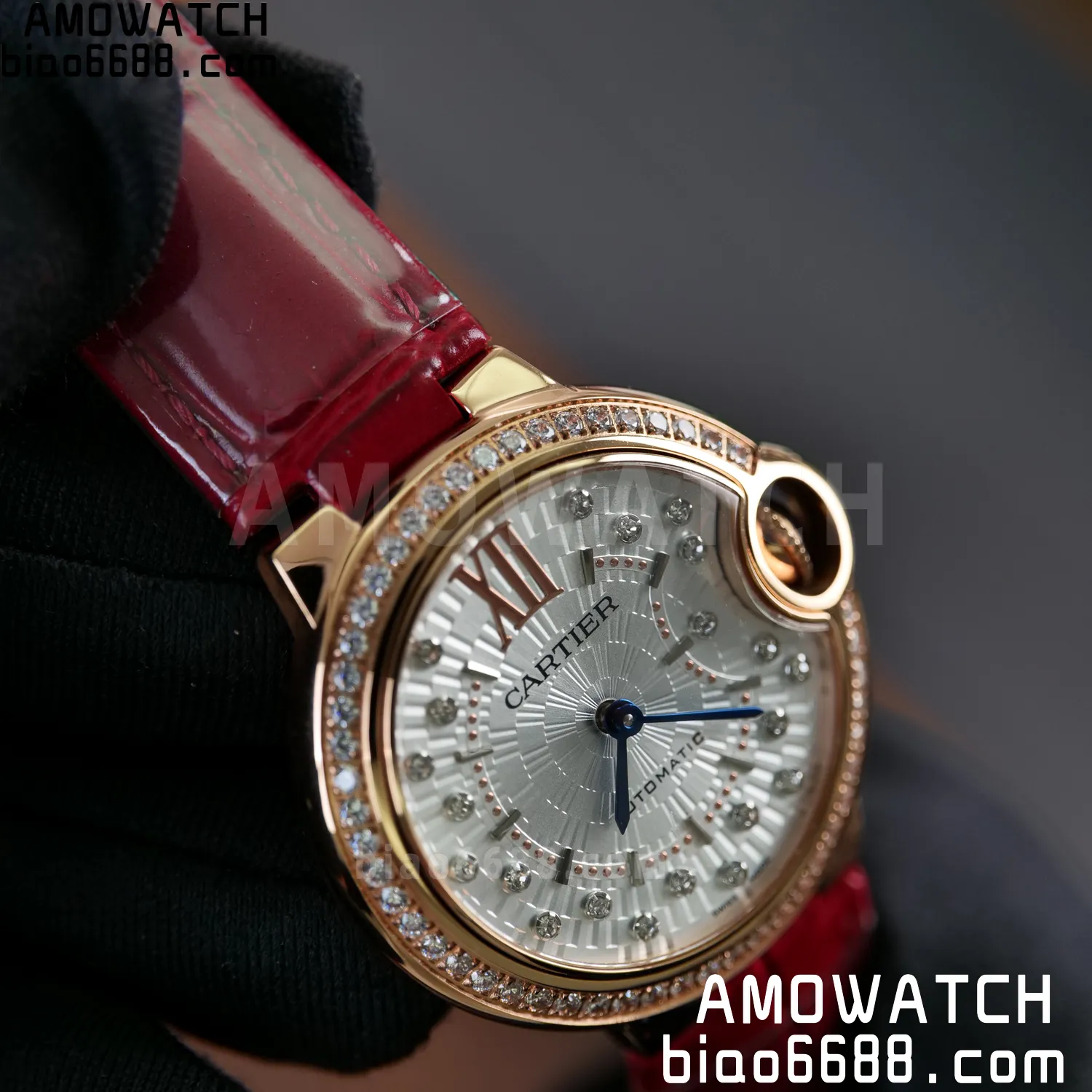 CARTIER Ballon Bleu 33mm RG AF 1:1 Best Edition Silver Textured Diamonds Dial on Red Leather Strap SEIKO NH05A 72 a1155b125041c46 AMO Watch
