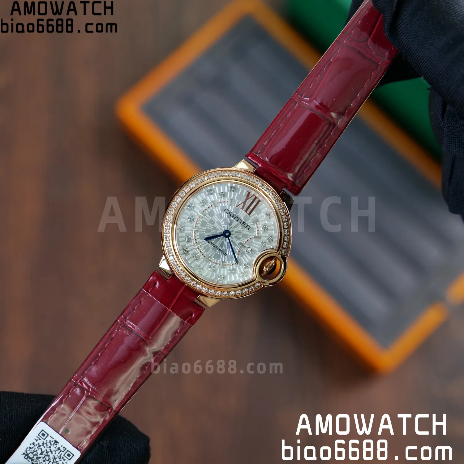 CARTIER Ballon Bleu 33mm RG AF 1:1 Best Edition Silver Textured Diamonds Dial on Red Leather Strap SEIKO NH05A 60 ac219cb95c8d2e5 AMO Watch