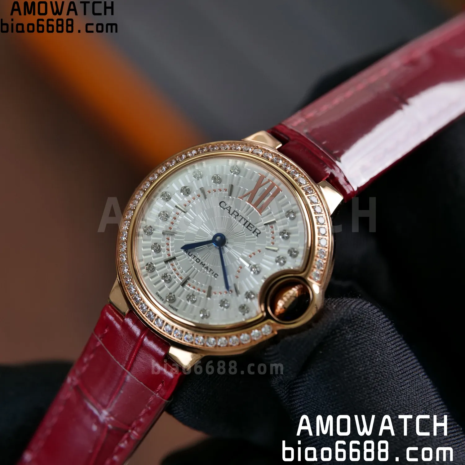 CARTIER Ballon Bleu 33mm RG AF 1:1 Best Edition Silver Textured Diamonds Dial on Red Leather Strap SEIKO NH05A 70 c9cde31d99bd2df AMO Watch