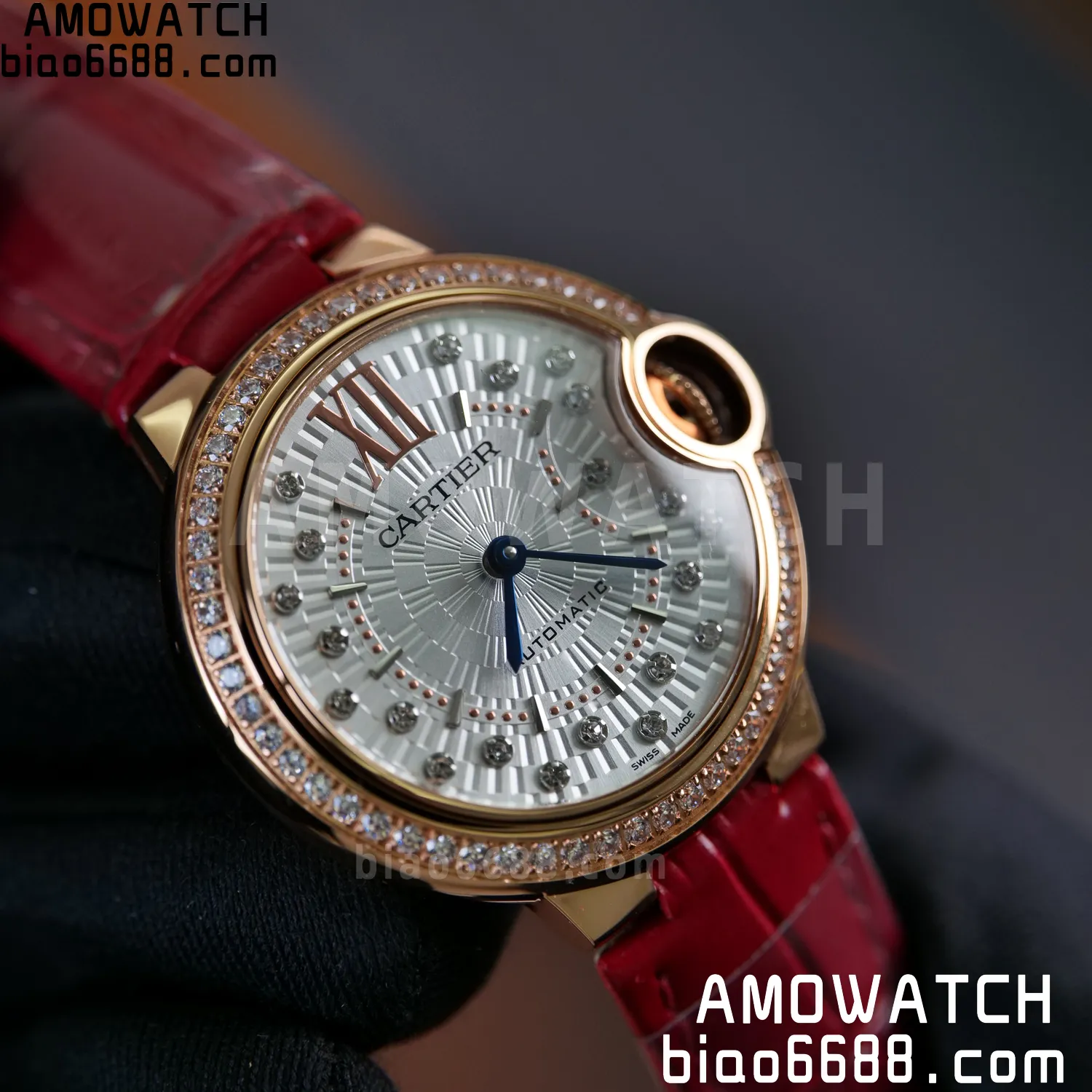 CARTIER Ballon Bleu 33mm RG AF 1:1 Best Edition Silver Textured Diamonds Dial on Red Leather Strap SEIKO NH05A 77 ca89740a4c4d25d AMO Watch