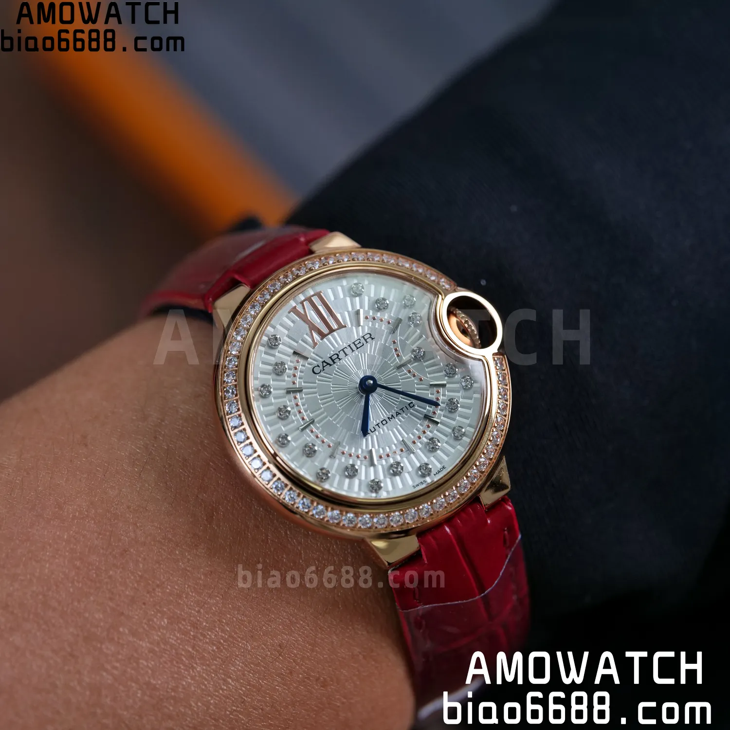 CARTIER Ballon Bleu 33mm RG AF 1:1 Best Edition Silver Textured Diamonds Dial on Red Leather Strap SEIKO NH05A 84 dd742a085521229 AMO Watch