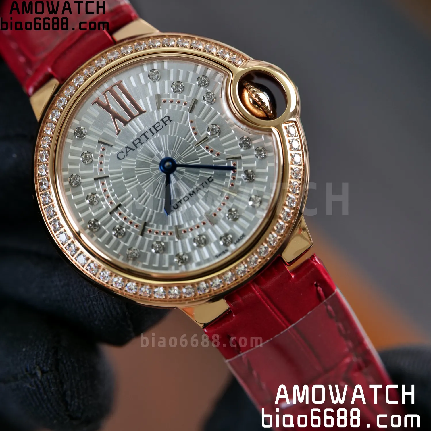 CARTIER Ballon Bleu 33mm RG AF 1:1 Best Edition Silver Textured Diamonds Dial on Red Leather Strap SEIKO NH05A 74 e257f204f1b40bc AMO Watch