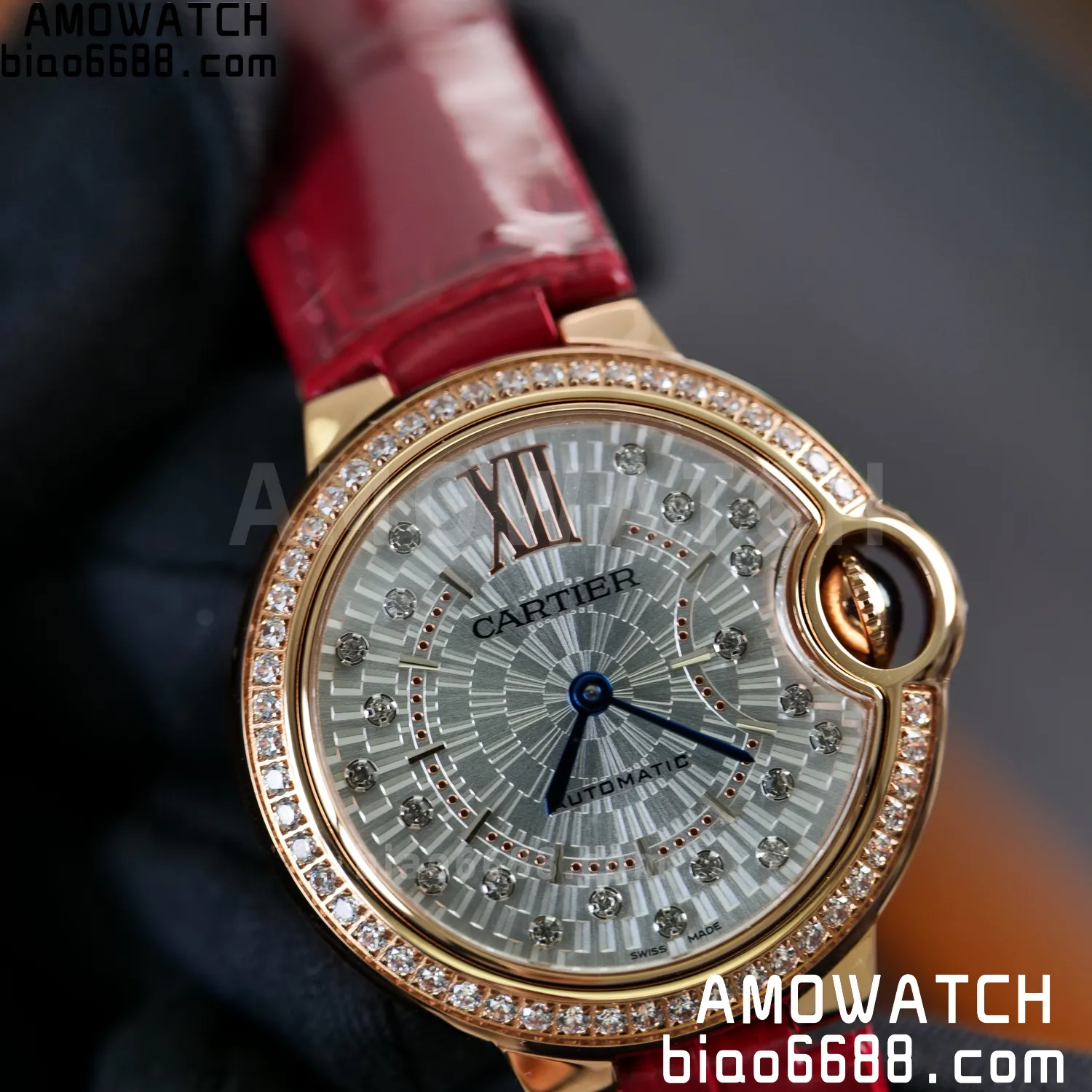 CARTIER Ballon Bleu 33mm RG AF 1:1 Best Edition Silver Textured Diamonds Dial on Red Leather Strap SEIKO NH05A 76 f97290885a849ce AMO Watch