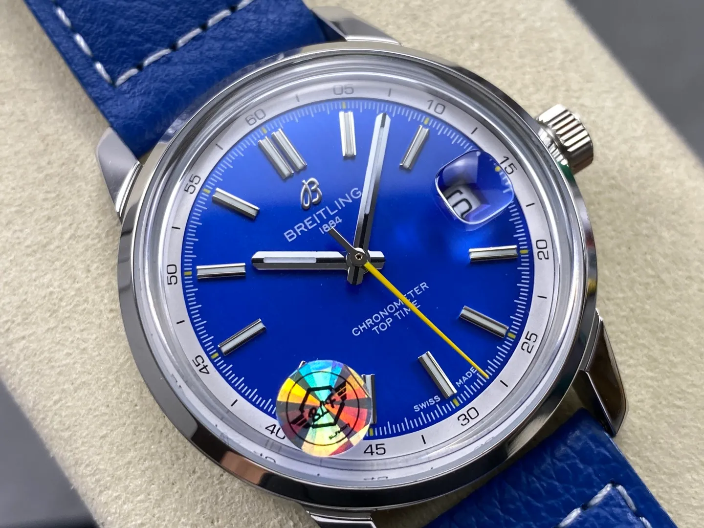 Breitling Top Time B31 BLF 1:1 Best Edition Blue Dial Yellow Hand on Blue Leather Strap AB31 21 5dc590f329b68a1 阿默表行AmoWatch
