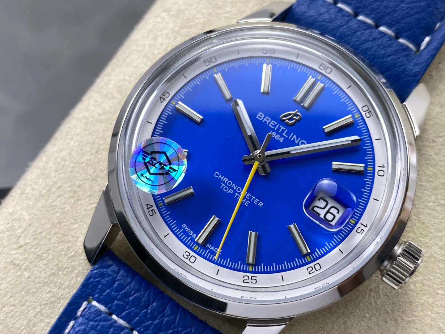 Breitling Top Time B31 BLF 1:1 Best Edition Blue Dial Yellow Hand on Blue Leather Strap AB31 22 b47a68e995e6b05 阿默表行AmoWatch