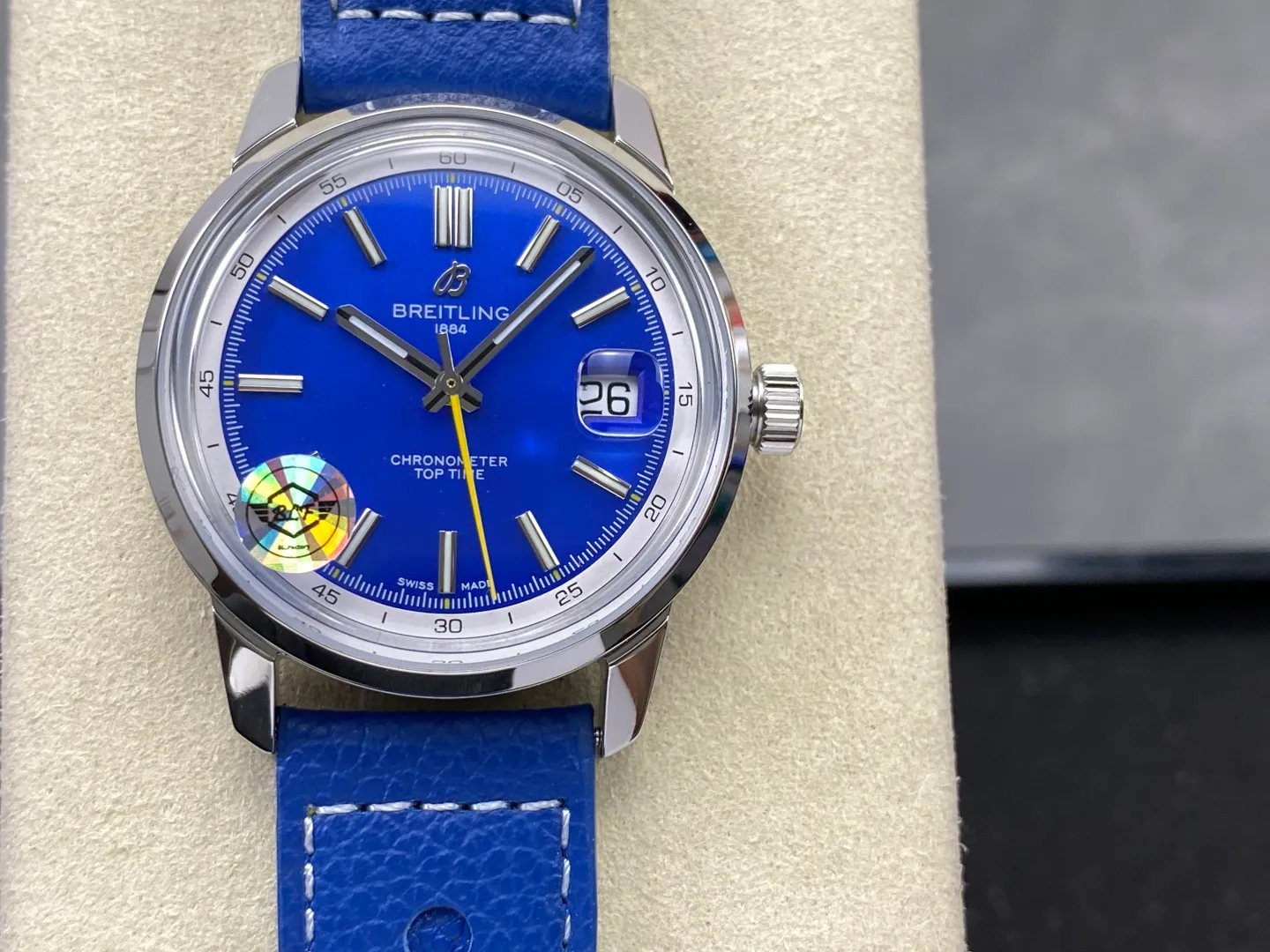 Breitling Top Time B31 BLF 1:1 Best Edition Blue Dial Yellow Hand on Blue Leather Strap AB31 20 ff01b2dfb75cc16 阿默表行AmoWatch