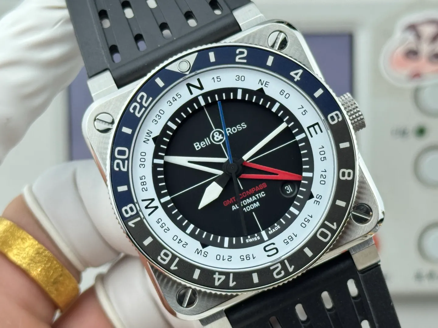 Bell Ross BR-03 GMT Compass BR Factory 1:1 Best Edition blue/black Bezel Black Dial on Perforated Rubber Strap 23 a53a3cc68e6bb07 阿默表行AmoWatch