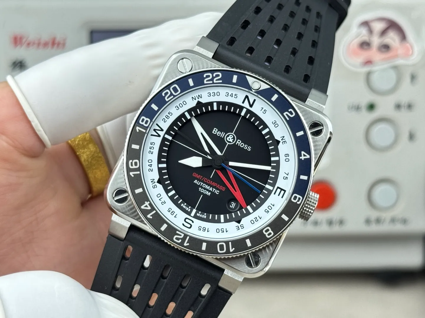 Bell Ross BR-03 GMT Compass BR Factory 1:1 Best Edition blue/black Bezel Black Dial on Perforated Rubber Strap 22 c02ceea2e3ac6d5 阿默表行AmoWatch