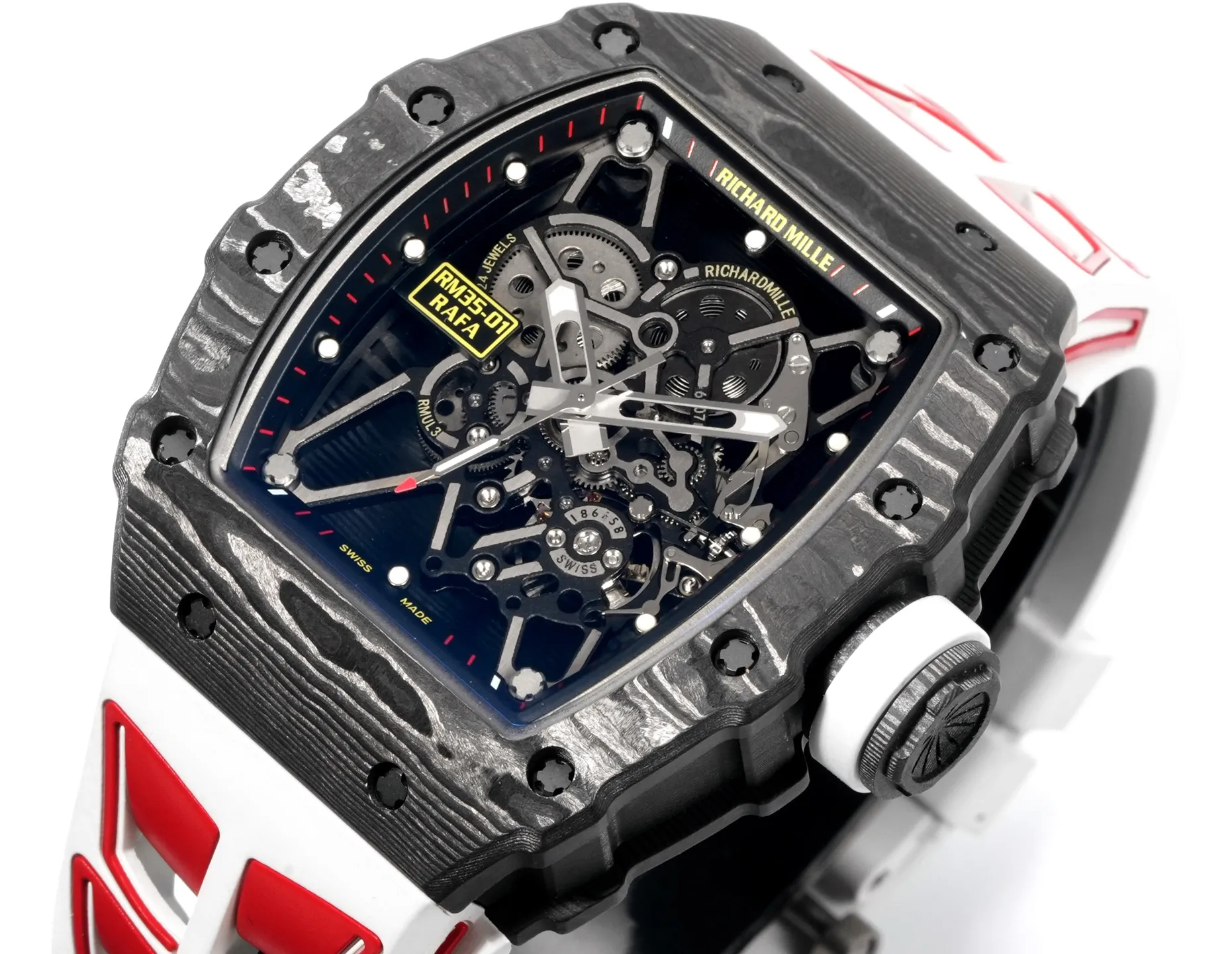 RICHARD MILLE RM035 RM35-01 Black Carbon NEW Factory Best Edition Skeleton Dial on White/Red Rubber Strap Clone RMUL3 23 b48f63326922bcf 1 AMO Watch