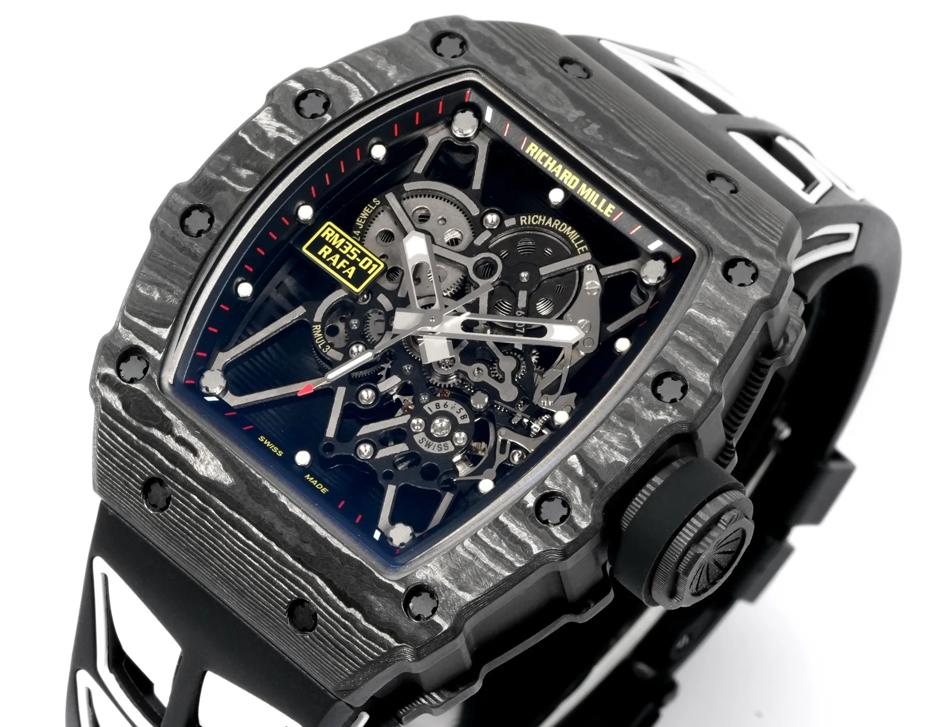 RICHARD MILLE RM035 RM35-01 Black Carbon NEW Factory Best Edition Skeleton Dial on Black/White Rubber Strap Clone RMUL3 22 bbbb5a4973d45de AMO Watch