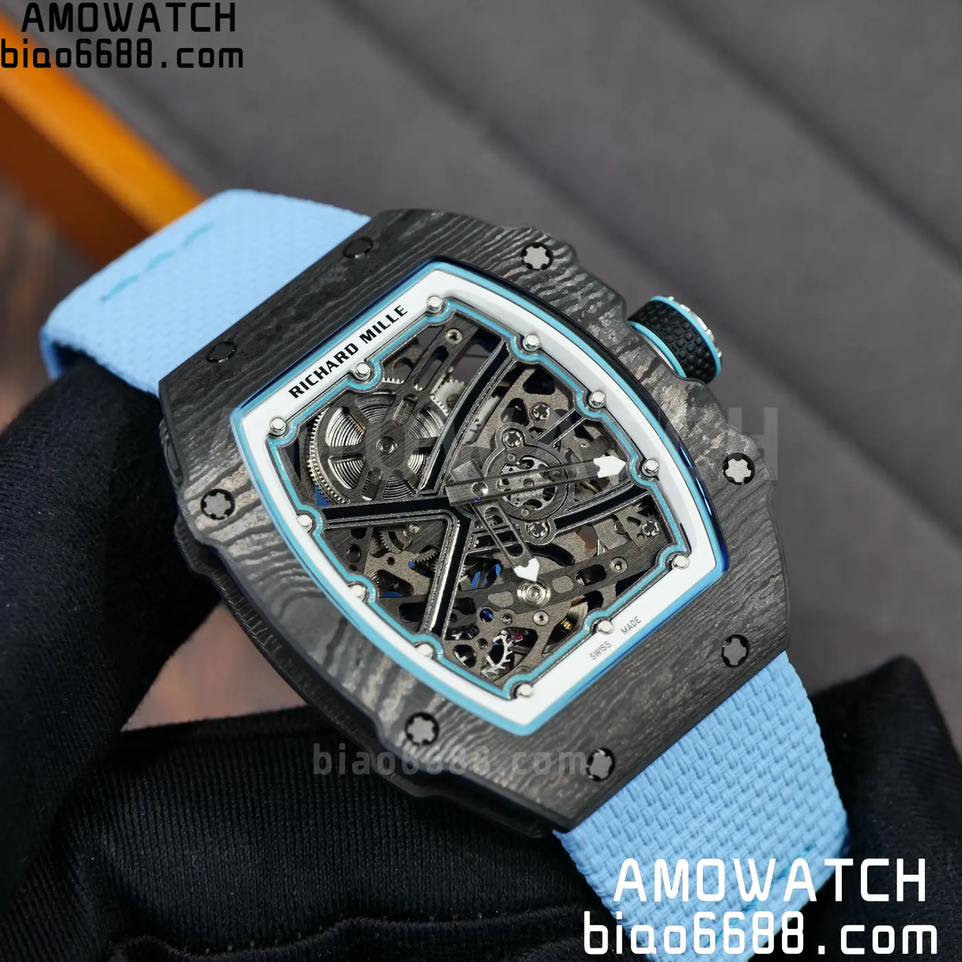 RICHARD MILLE RM67-02 Black NTPT UMI Best Edition Baby Blue Skeleton Dial on Black Nylon strap CRMA7 Clone V9 88 ebd95416986e4ad 阿默表行AmoWatch