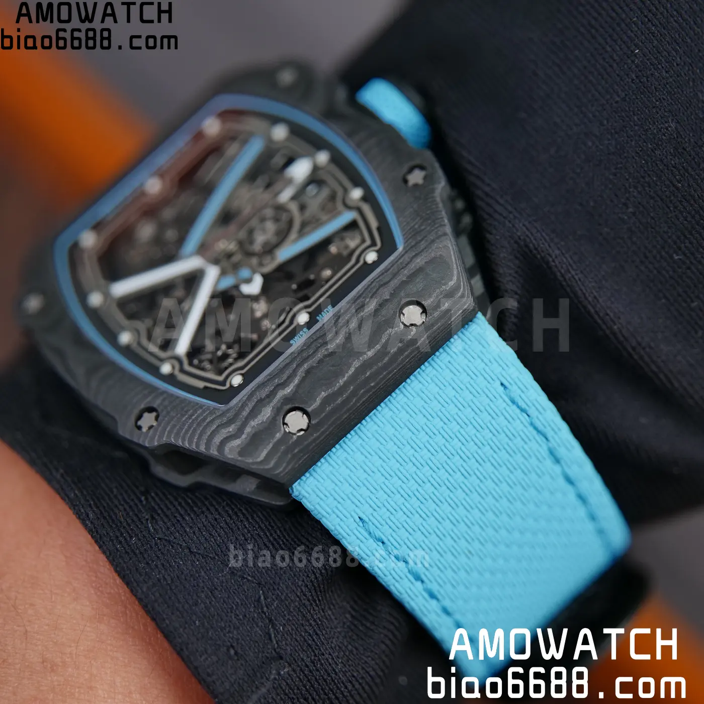 RICHARD MILLE RM67-02 Black NTPT AVF Best Edition Baby Blue Skeleton Dial on Black Nylon strap CRMA7 Clone 85 f8ae5ca2e6451a1 AMO Watch