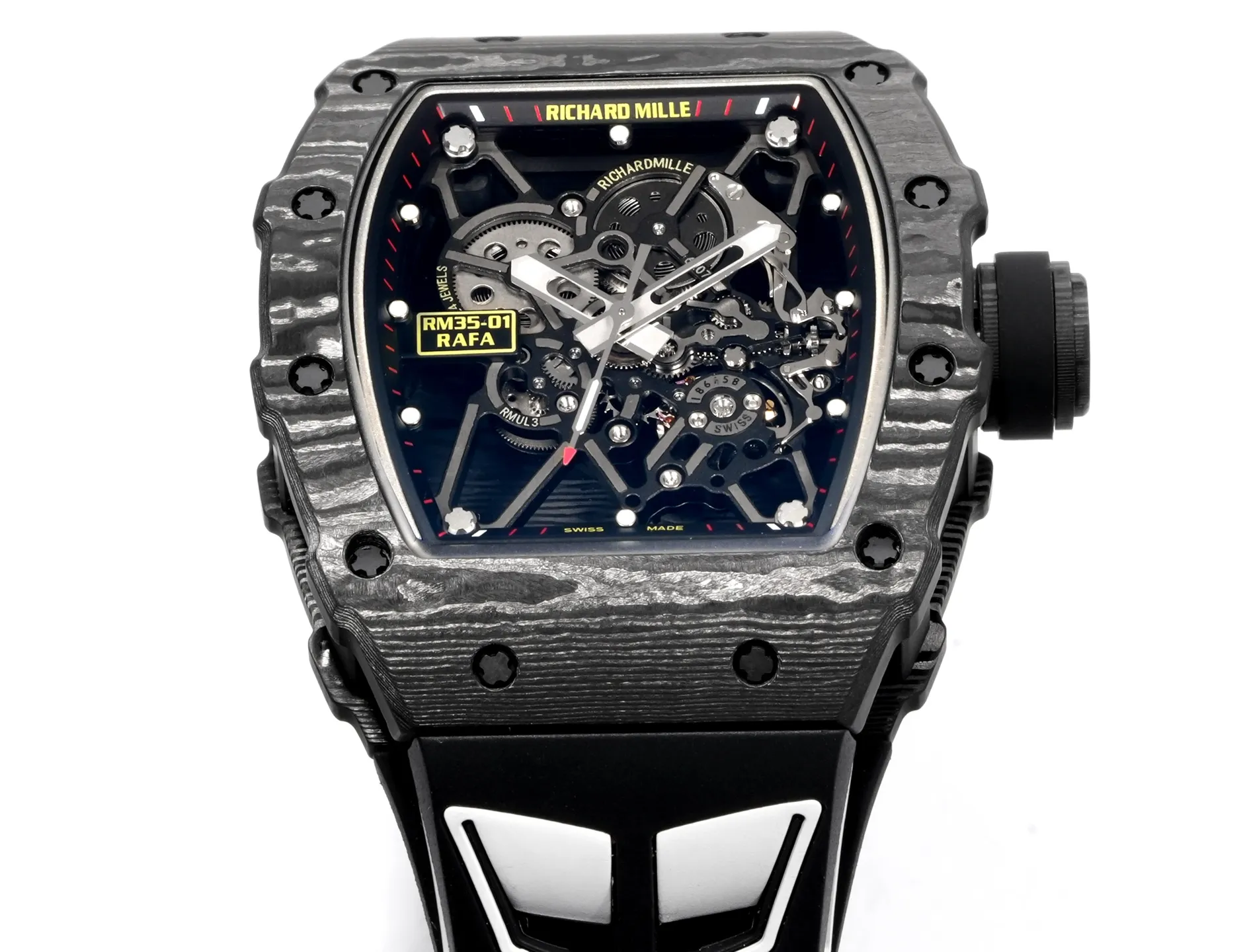 RICHARD MILLE RM035 RM35-01 Black Carbon NEW Factory Best Edition Skeleton Dial on Black/White Rubber Strap Clone RMUL3 21 fee3da9b02ee054 AMO Watch