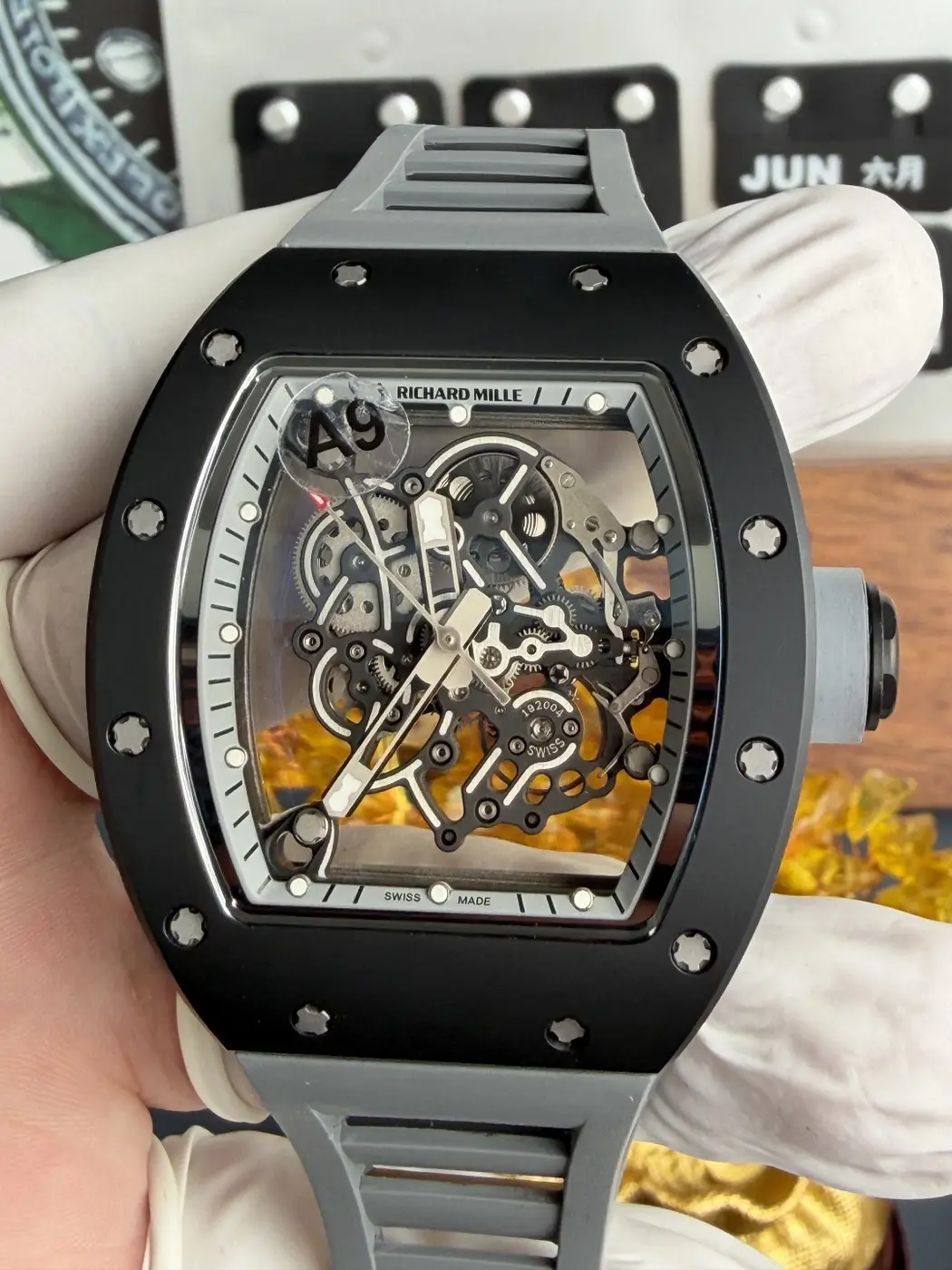 RICHARD MILLE RM055 Black Ceramic A9F 1:1 Best Edition Gray Inner Bezel on Gray Rubber Strap RMUL2 Free Sprung 26 5dd665b0b06d599 AMO Watch