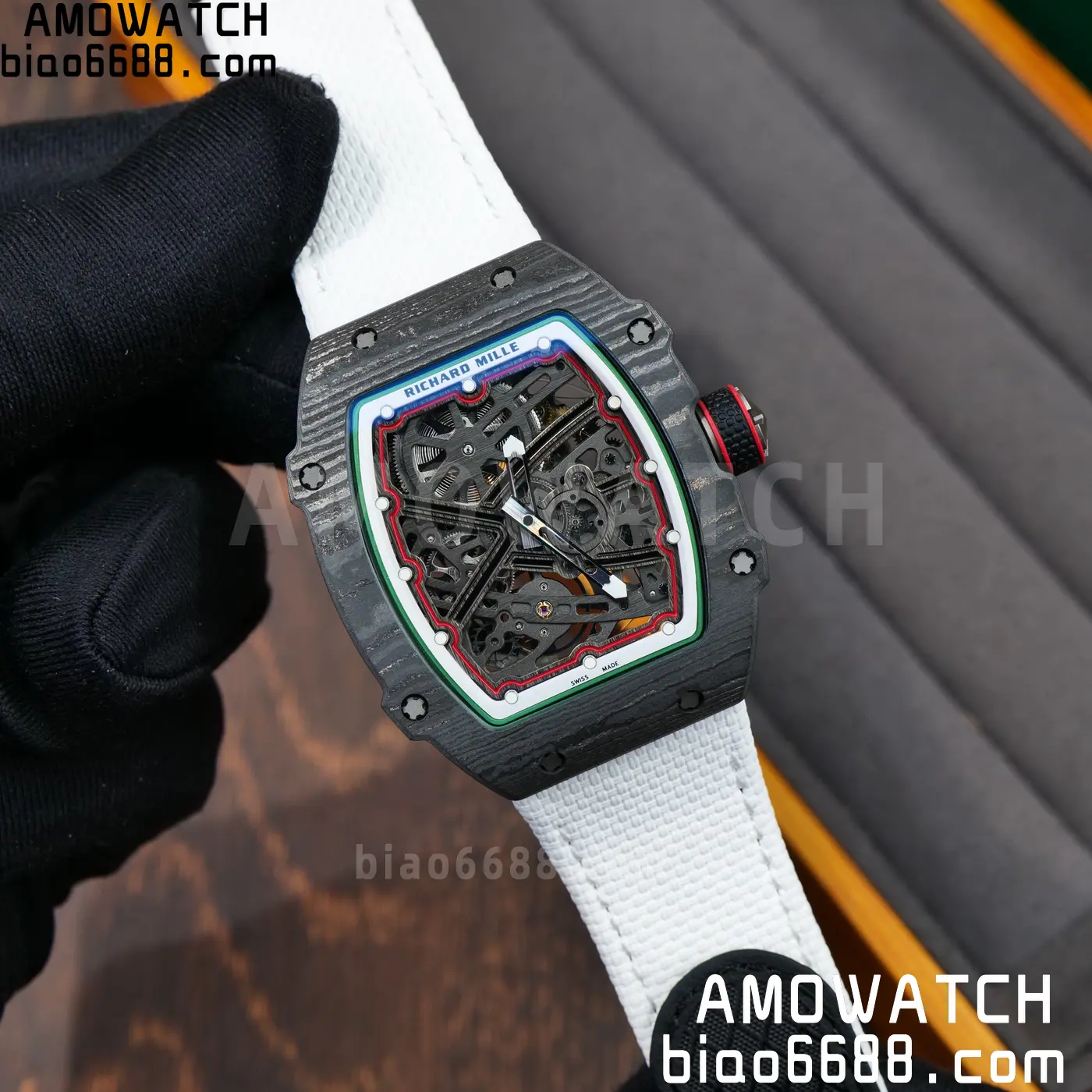 RICHARD MILLE 1:1 RM67-02 Black NTPT RICH Factory 1:1 Italy Green/Red/White Skeleton Dial White Nylon Strap CRMA7 Super Clone 86 71199a6ba1de18e AMO Watch