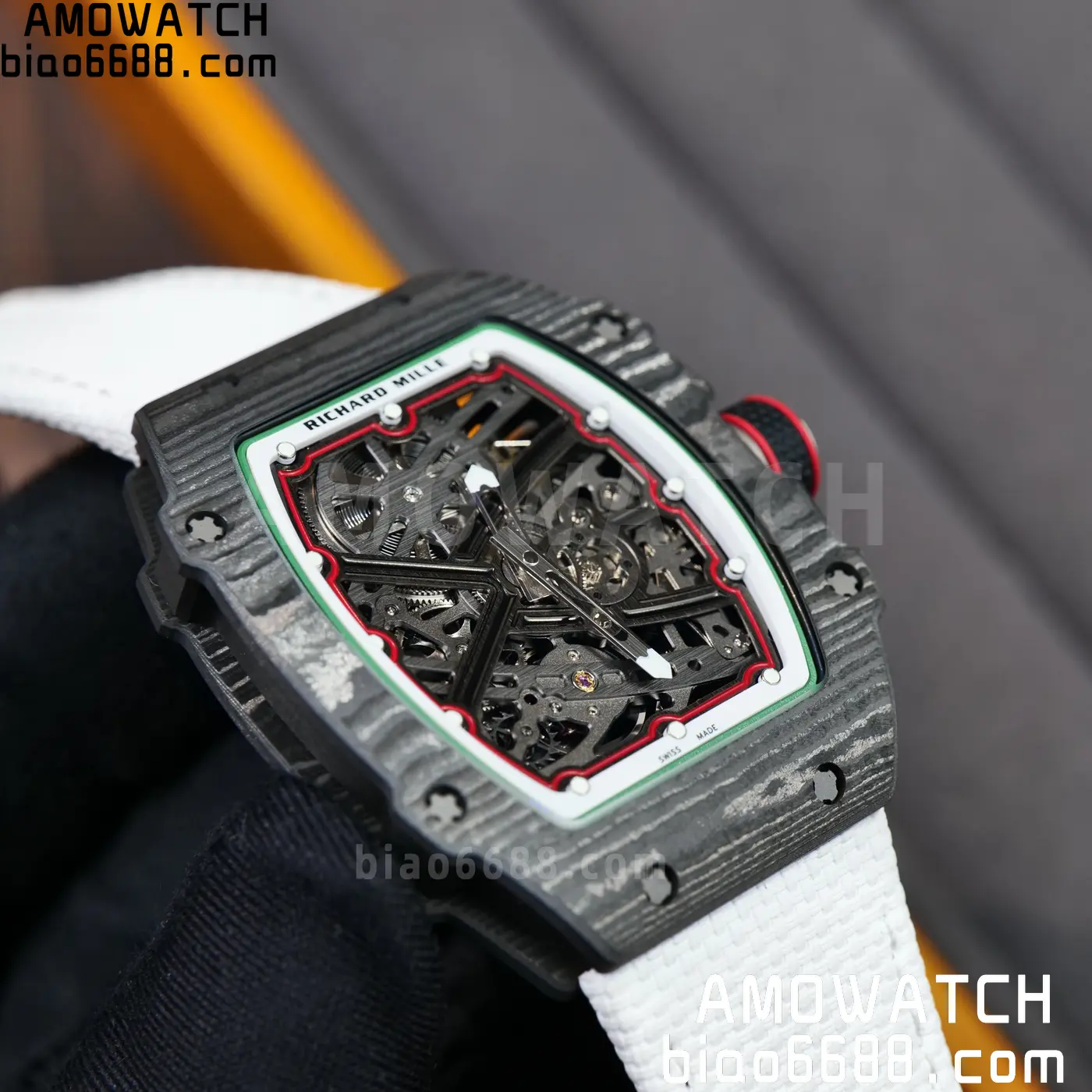 RICHARD MILLE 1:1 RM67-02 Black NTPT RICH Factory 1:1 Italy Green/Red/White Skeleton Dial White Nylon Strap CRMA7 Super Clone 104 8514f61be410bbb AMO Watch