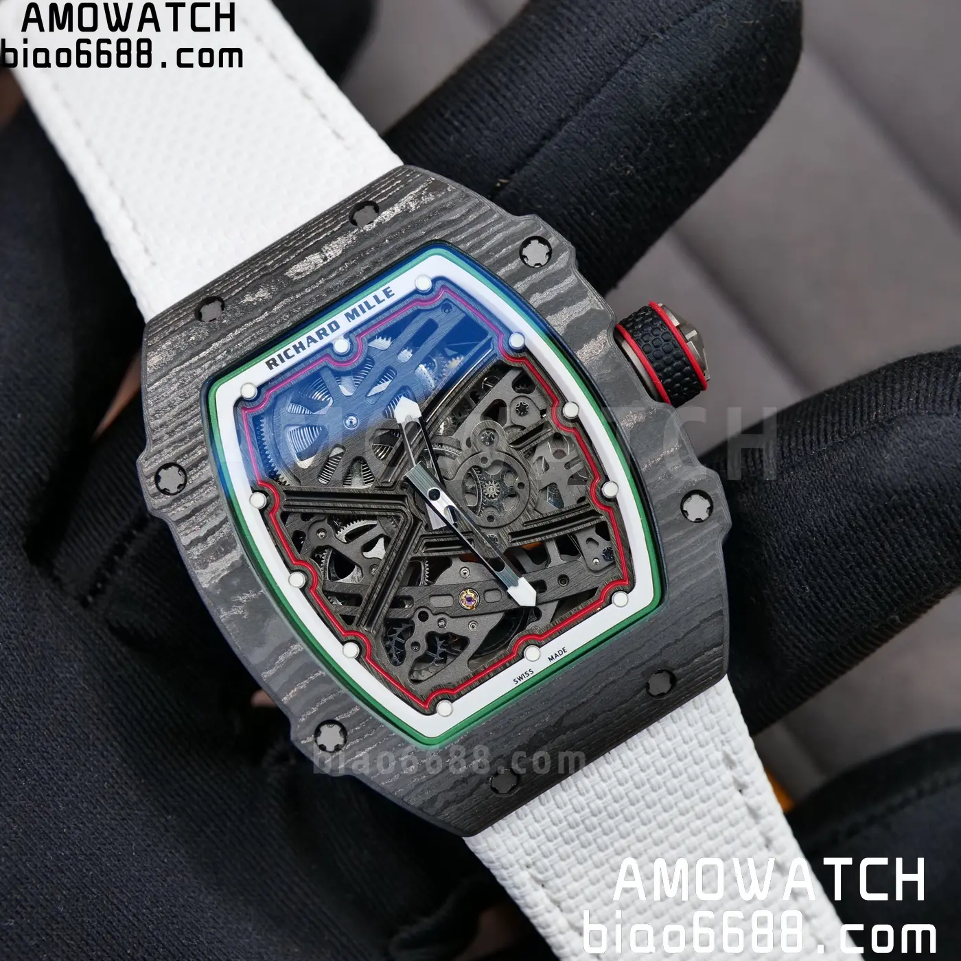 RICHARD MILLE 1:1 RM67-02 Black NTPT RICH Factory 1:1 Italy Green/Red/White Skeleton Dial White Nylon Strap CRMA7 Super Clone 105 8a3fa36eb1688ca AMO Watch