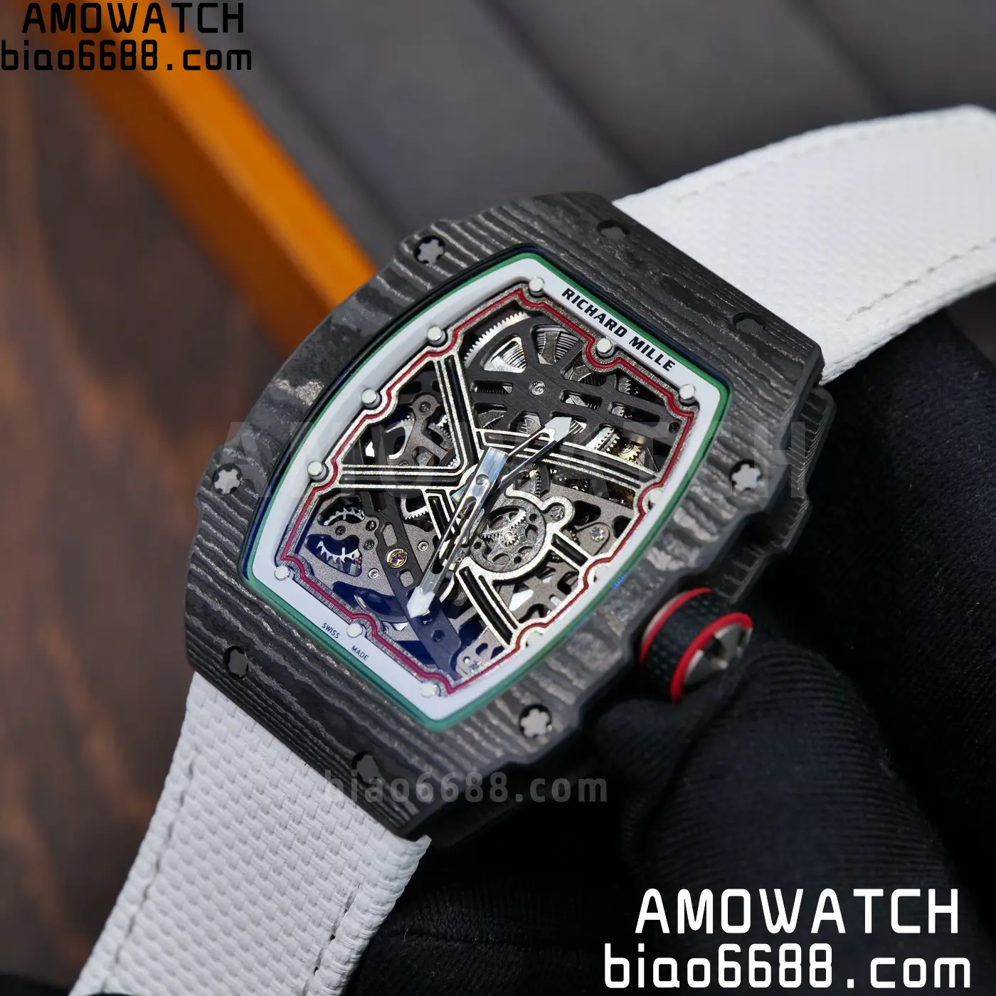 RICHARD MILLE 1:1 RM67-02 Black NTPT RICH Factory 1:1 Italy Green/Red/White Skeleton Dial White Nylon Strap CRMA7 Super Clone 98 97c76ffc3664952 AMO Watch