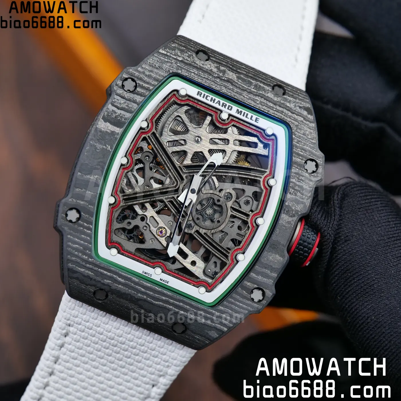 RICHARD MILLE 1:1 RM67-02 Black NTPT RICH Factory 1:1 Italy Green/Red/White Skeleton Dial White Nylon Strap CRMA7 Super Clone 109 abc8692492aec26 AMO Watch