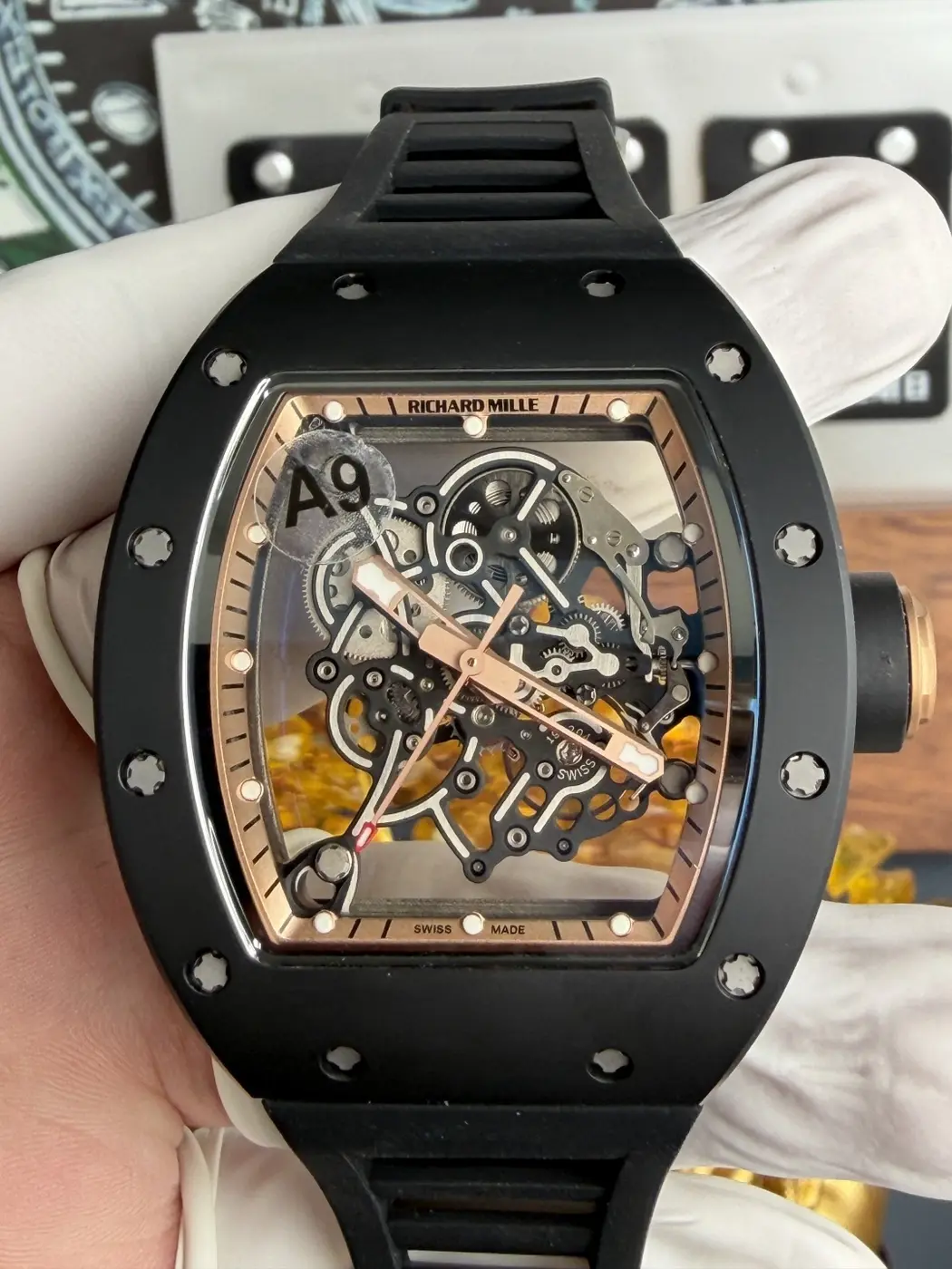 RICHARD MILLE RM055 Black Ceramic A9F 1:1 Best Edition RG Inner Bezel on Black Rubber Strap RMUL2 (Free Sprung) 23 b5c6f343b7f7664 AMO Watch