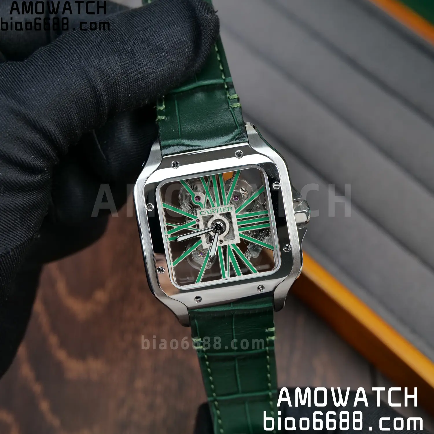 Cartier Santos Skeleton SS RICH 1:1 Best Edition Skeleton Green Dial on Green Leather Strap 9611MC Super Clone V2 77 020894ef22b25da AMO Watch