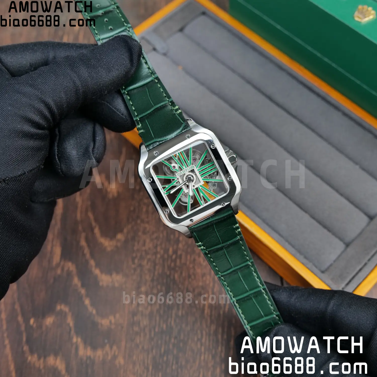 Cartier Santos Skeleton SS RICH 1:1 Best Edition Skeleton Green Dial on Green Leather Strap 9611MC Super Clone V2 76 03dd2ee7d364708 AMO Watch