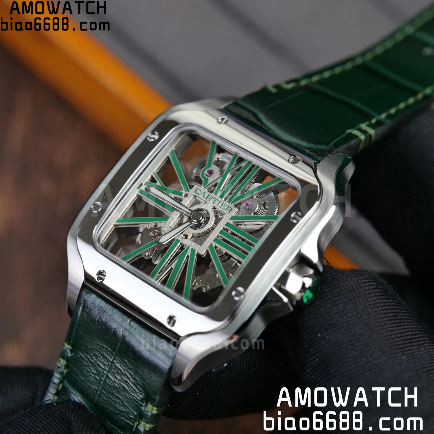 Cartier Santos Skeleton SS RICH 1:1 Best Edition Skeleton Green Dial on Green Leather Strap 9611MC Super Clone V2 90 197ad32dcd86335 AMO Watch