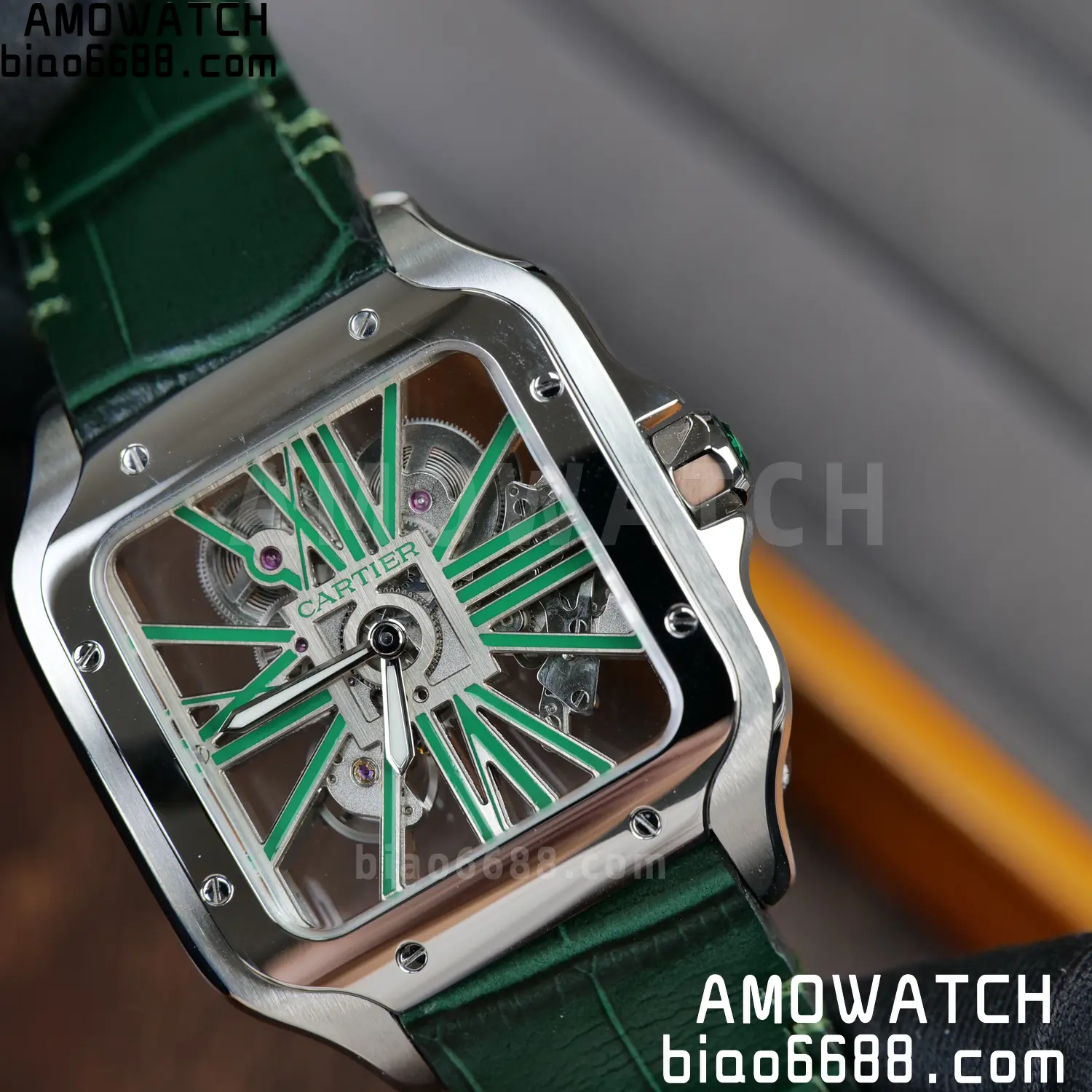 Cartier Santos Skeleton SS RICH 1:1 Best Edition Skeleton Green Dial on Green Leather Strap 9611MC Super Clone V2 92 19f879954f0b4c3 AMO Watch