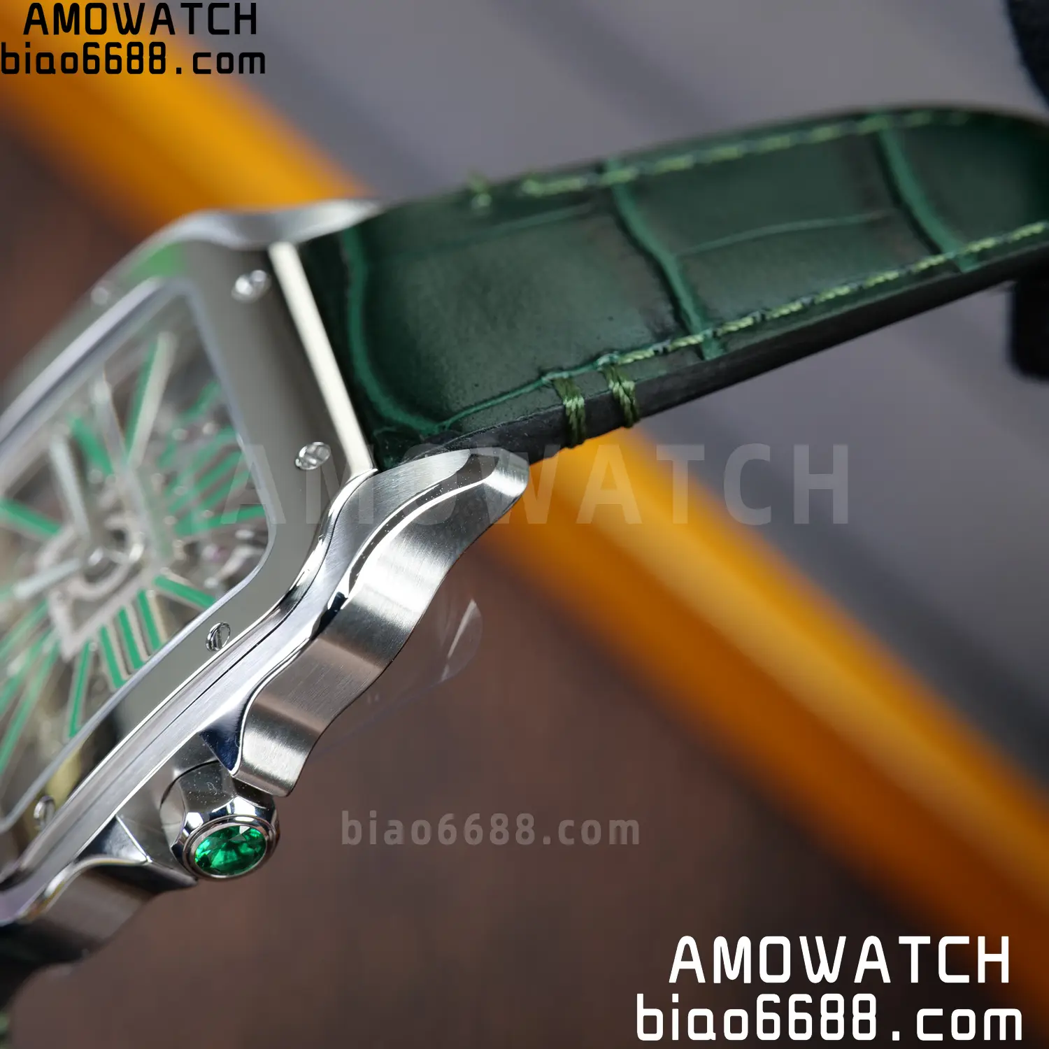 Cartier Santos Skeleton SS RICH 1:1 Best Edition Skeleton Green Dial on Green Leather Strap 9611MC Super Clone V2 88 2bd958d2c04abc6 AMO Watch