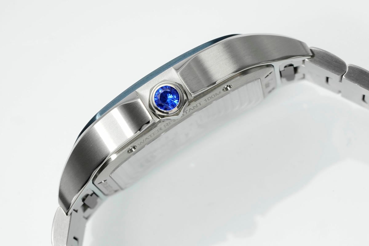 Cartier Santos Skeleton SS RICH 1:1 Best Edition Skeleton Dial Blue Bezel on SS SmartLink Bracelet 9611MC Super Clone V2 24 3980ec7c59c9df2 AMO Watch
