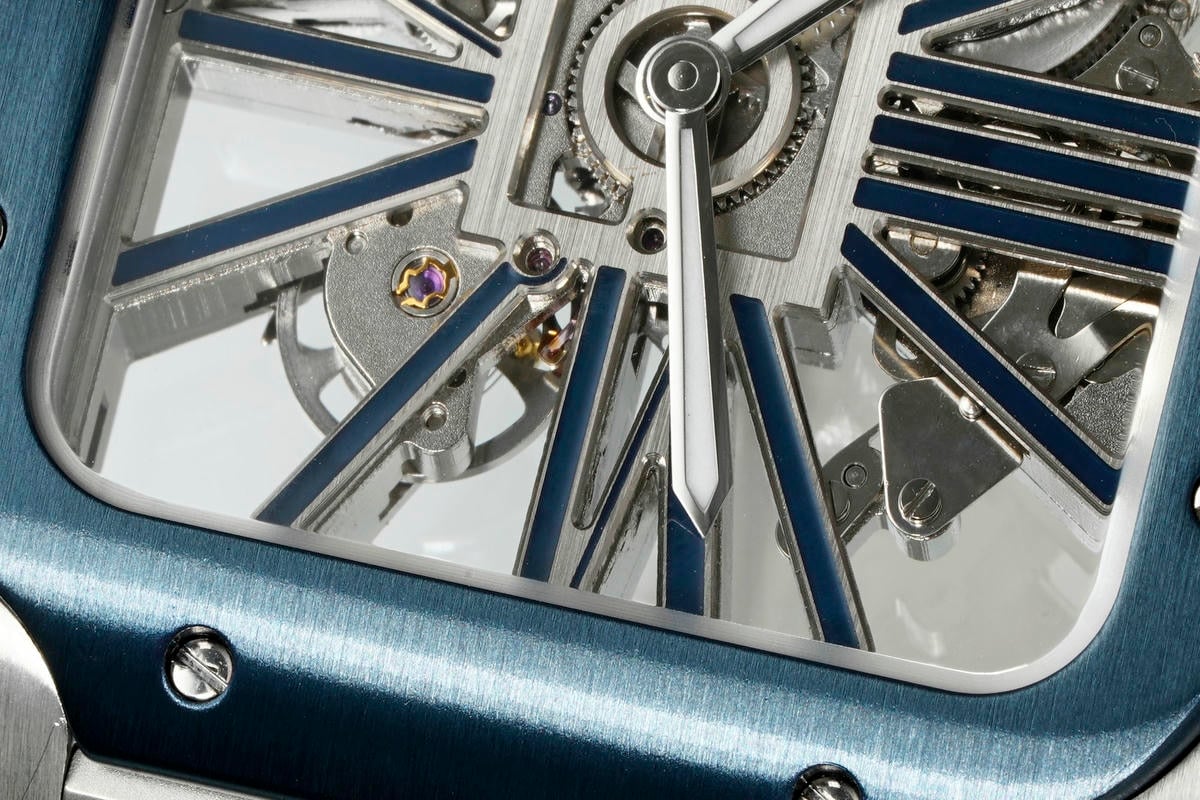 Cartier Santos Skeleton SS RICH 1:1 Best Edition Skeleton Dial Blue Bezel on SS SmartLink Bracelet 9611MC Super Clone V2 23 3c8eb0511665356 AMO Watch