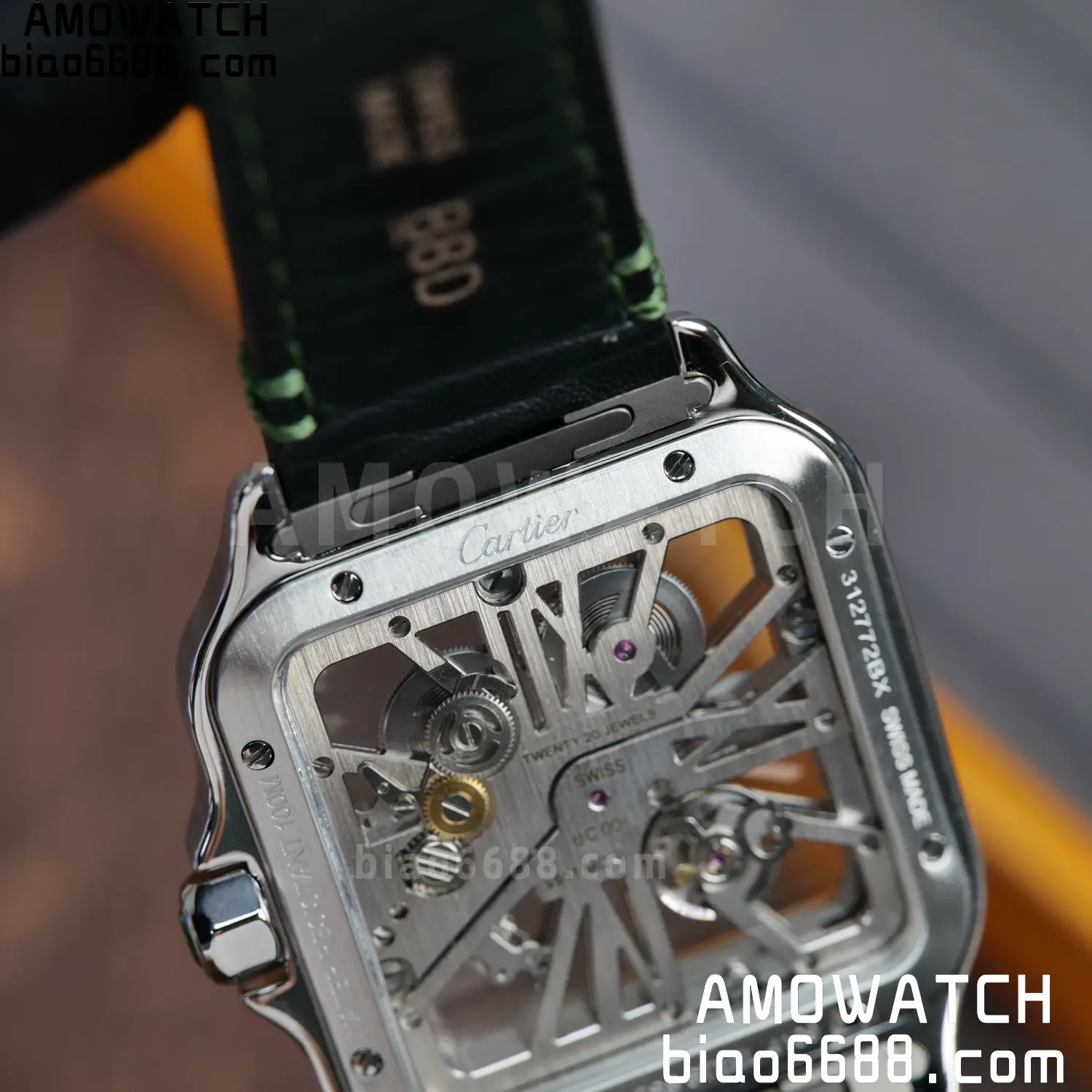 Cartier Santos Skeleton SS RICH 1:1 Best Edition Skeleton Green Dial on Green Leather Strap 9611MC Super Clone V2 105 3e60f7ea4d48521 AMO Watch