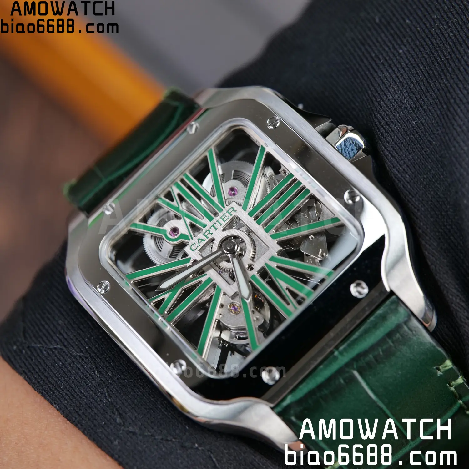 Cartier Santos Skeleton SS RICH 1:1 Best Edition Skeleton Green Dial on Green Leather Strap 9611MC Super Clone V2 109 3e6138b9e2d6f1a AMO Watch