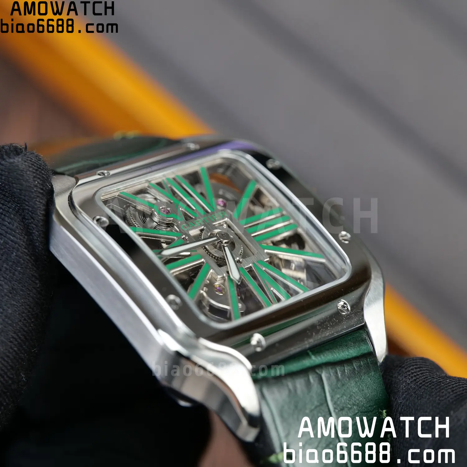 Cartier Santos Skeleton SS RICH 1:1 Best Edition Skeleton Green Dial on Green Leather Strap 9611MC Super Clone V2 95 4341dcd51e6b6dd AMO Watch