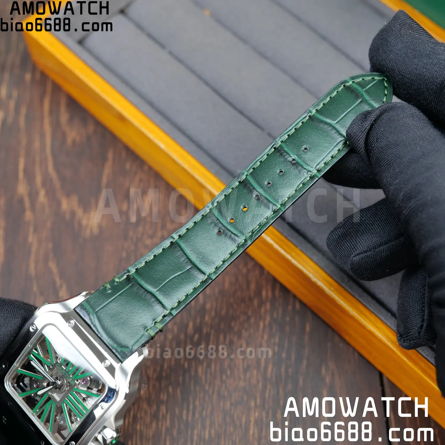 Cartier Santos Skeleton SS RICH 1:1 Best Edition Skeleton Green Dial on Green Leather Strap 9611MC Super Clone V2 78 437124ec3bdc493 AMO Watch