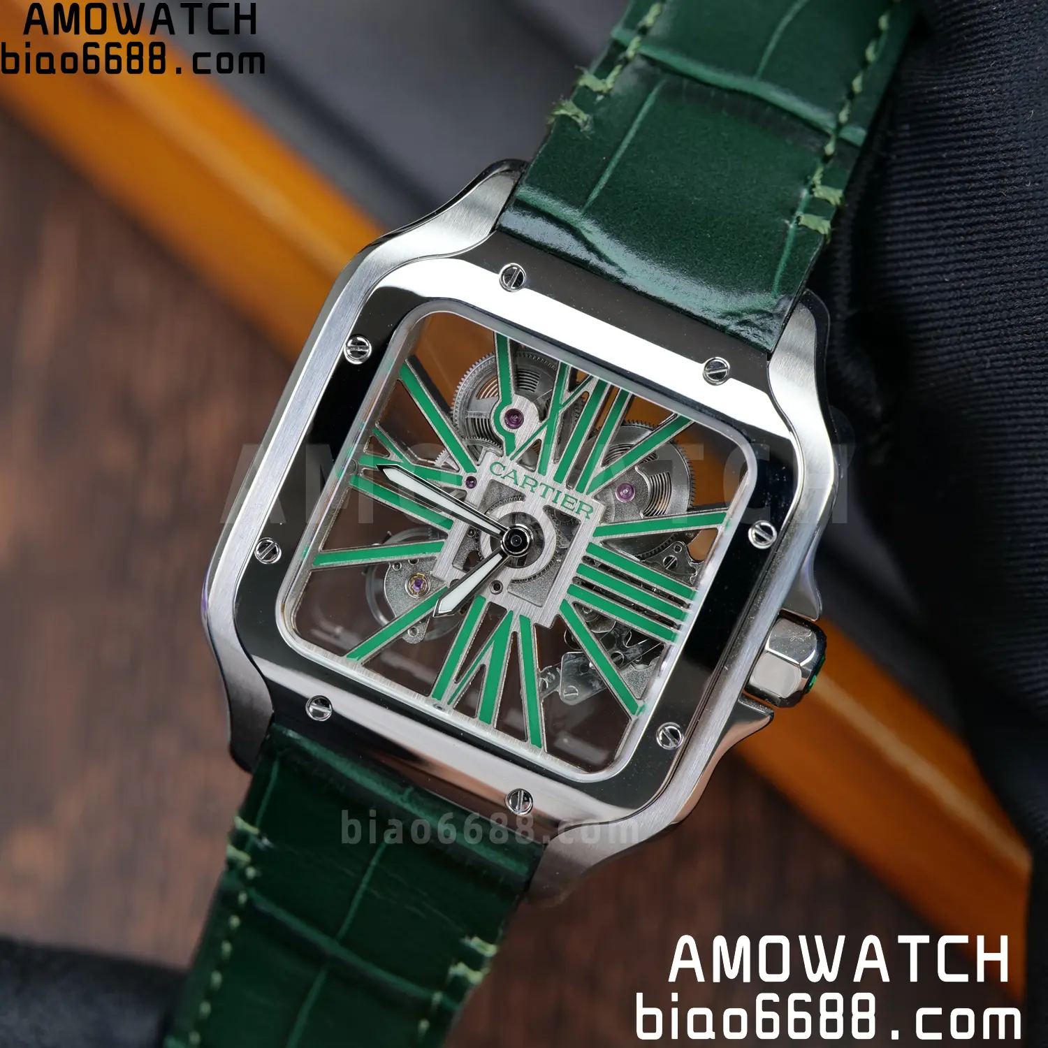 Cartier Santos Skeleton SS RICH 1:1 Best Edition Skeleton Green Dial on Green Leather Strap 9611MC Super Clone V2 97 43da36e9bdfe741 AMO Watch
