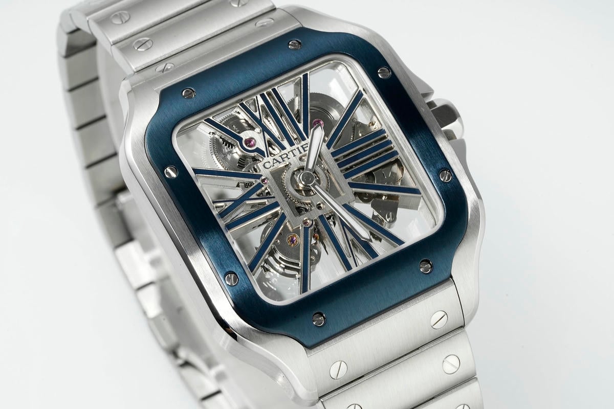 Cartier Santos Skeleton SS RICH 1:1 Best Edition Skeleton Dial Blue Bezel on SS SmartLink Bracelet 9611MC Super Clone V2 20 4d565acb9578b36 AMO Watch