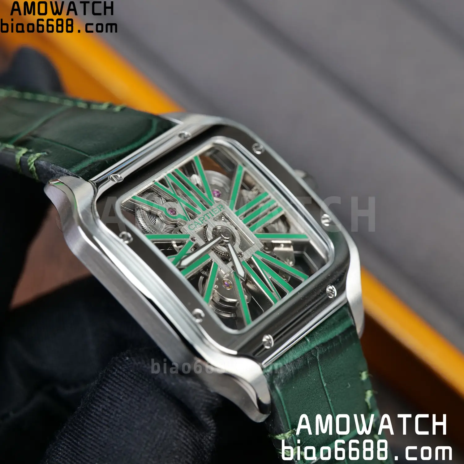 Cartier Santos Skeleton SS RICH 1:1 Best Edition Skeleton Green Dial on Green Leather Strap 9611MC Super Clone V2 89 53c762a85518ff9 AMO Watch