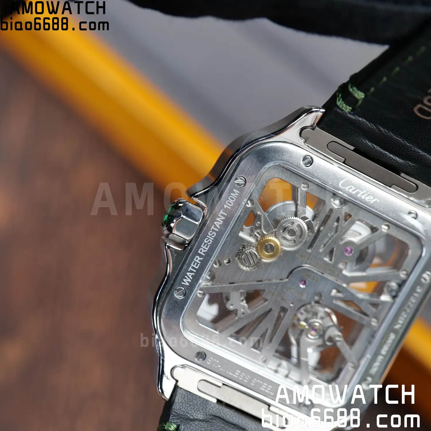 Cartier Santos Skeleton SS RICH 1:1 Best Edition Skeleton Green Dial on Green Leather Strap 9611MC Super Clone V2 103 55201efa7478ced AMO Watch